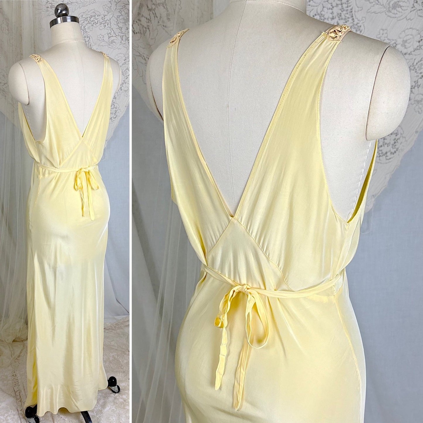 Vintage 1940's Buff Yellow Rayon Nightgown with Soutache - Size S, M - Daggers & Dames