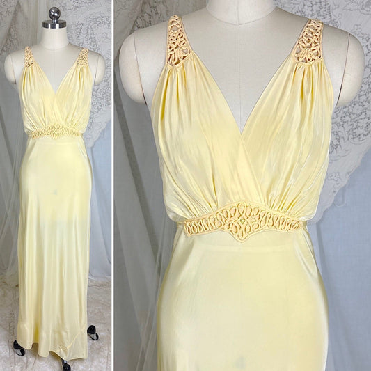 Vintage 1940's Buff Yellow Rayon Nightgown with Soutache - Size S, M - Daggers & Dames