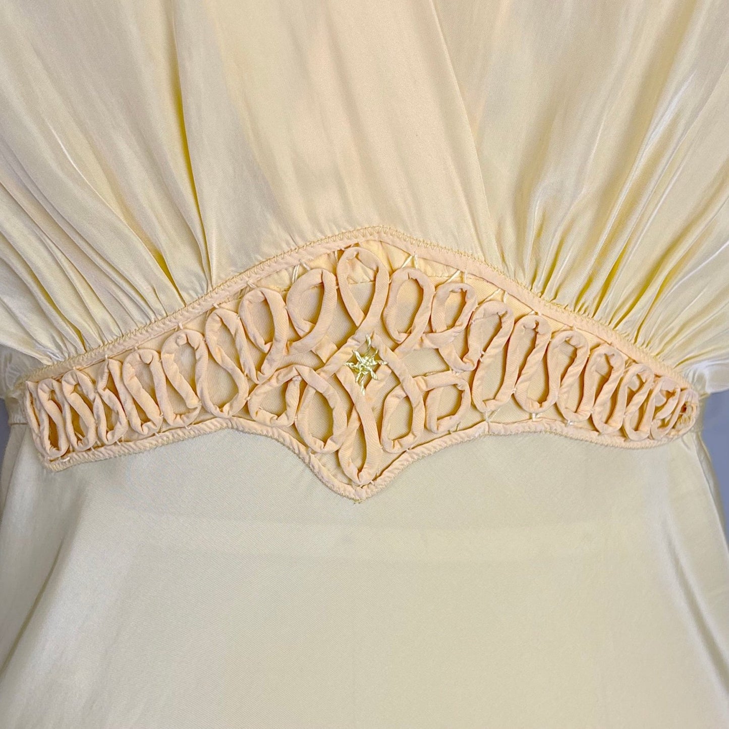 Vintage 1940's Buff Yellow Rayon Nightgown with Soutache - Size S, M - Daggers & Dames