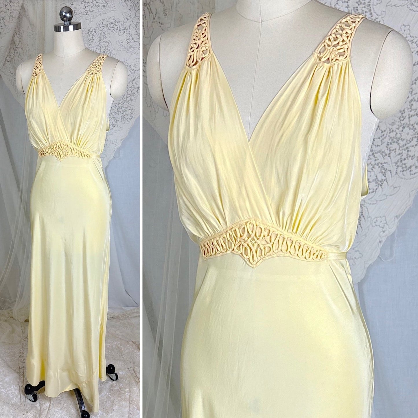 Vintage 1940's Buff Yellow Rayon Nightgown with Soutache - Size S, M - Daggers & Dames