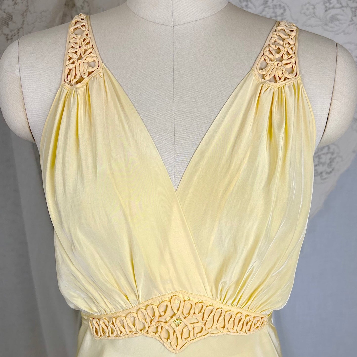 Vintage 1940's Buff Yellow Rayon Nightgown with Soutache - Size S, M - Daggers & Dames
