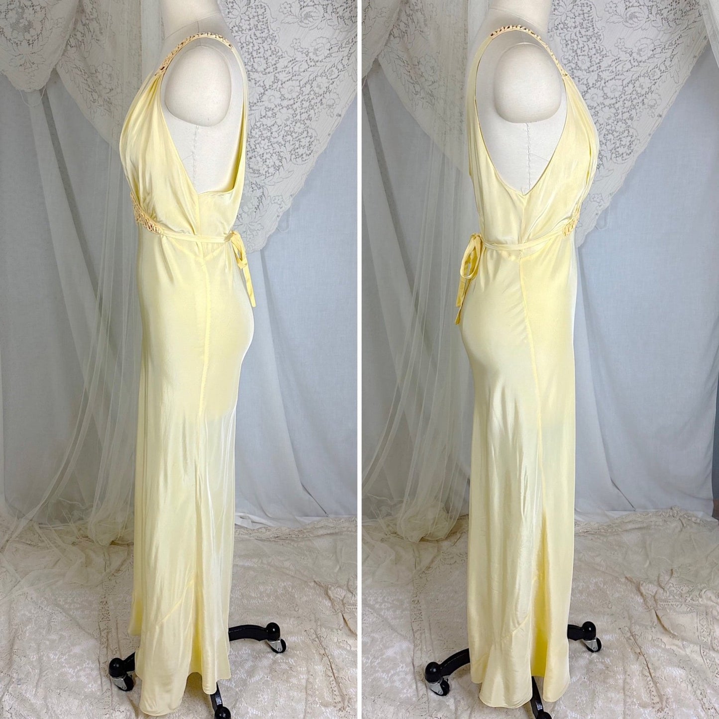 Vintage 1940's Buff Yellow Rayon Nightgown with Soutache - Size S, M - Daggers & Dames