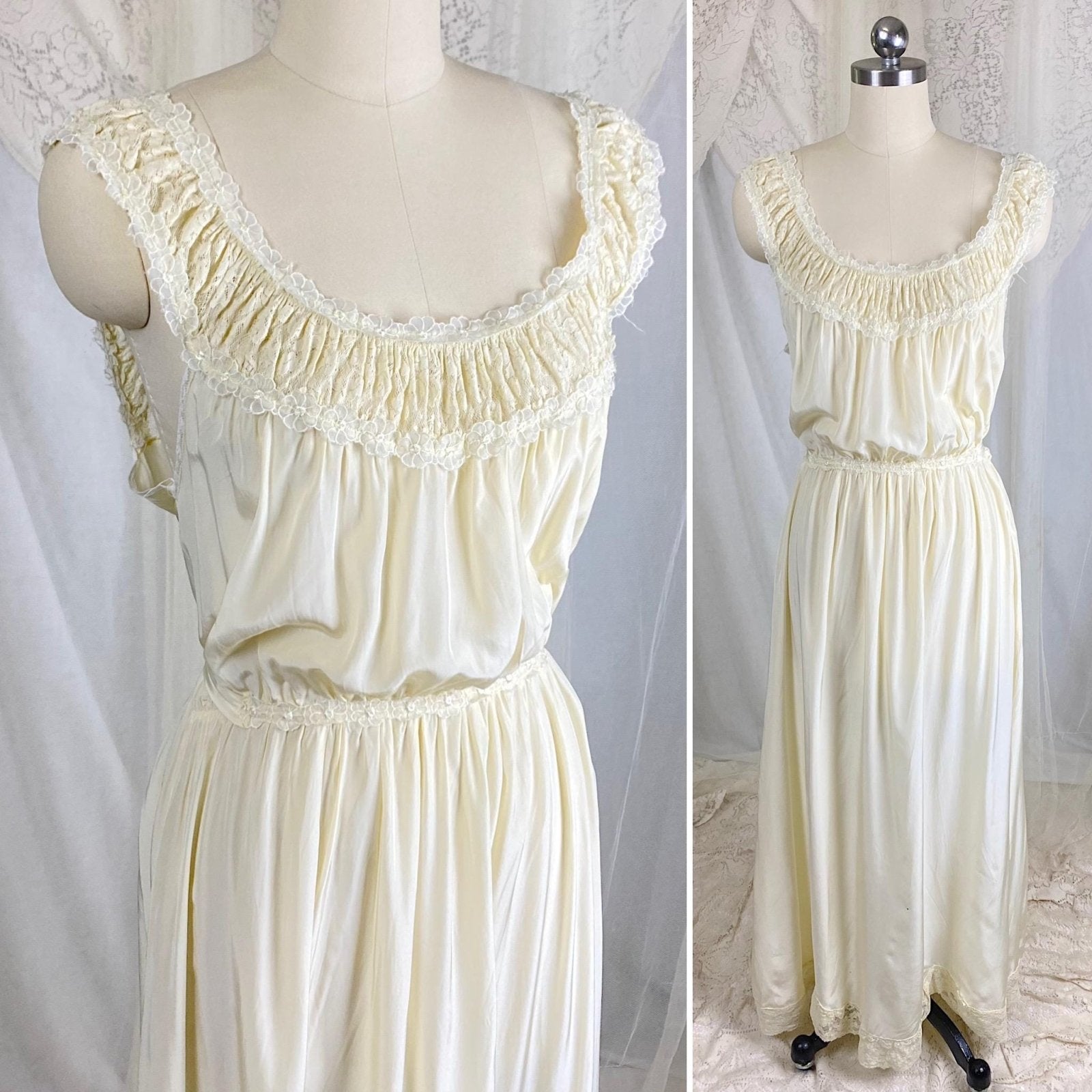 Vintage 1940's Buttercream Rayon Nightgown with Cotton Floral Lace & White Chiffon Appliques by Seamprufe – Size 38 - Daggers & Dames