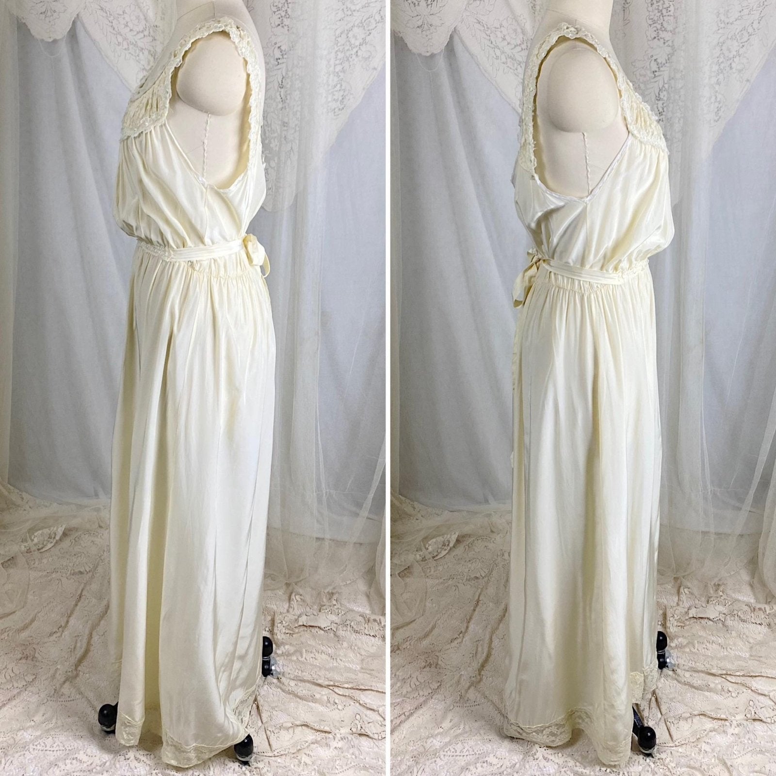 Vintage 1940's Buttercream Rayon Nightgown with Cotton Floral Lace & White Chiffon Appliques by Seamprufe – Size 38 - Daggers & Dames