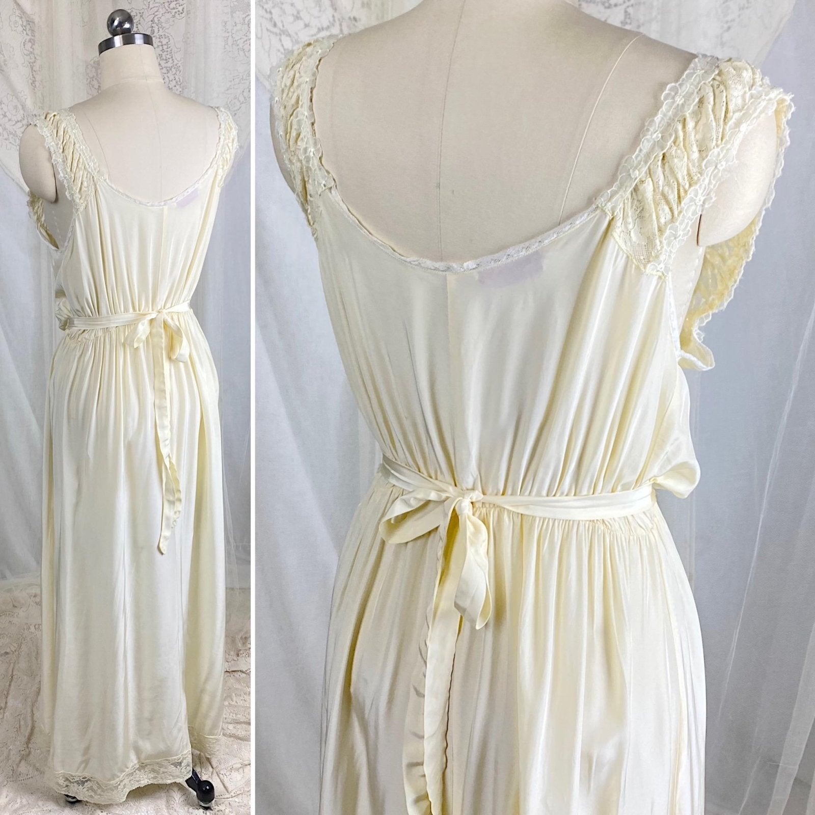 Vintage 1940's Buttercream Rayon Nightgown with Cotton Floral Lace & White Chiffon Appliques by Seamprufe – Size 38 - Daggers & Dames