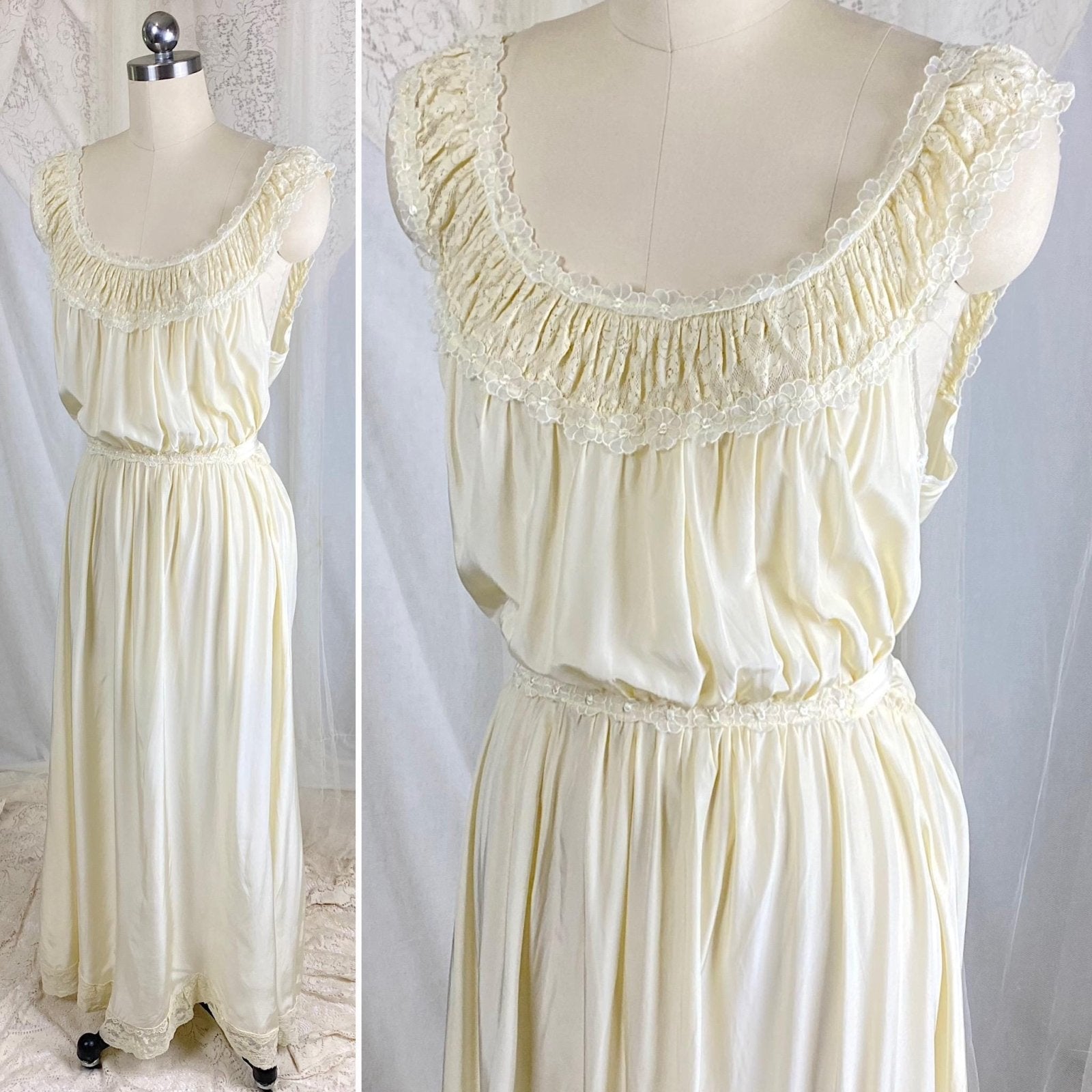 Vintage 1940's Buttercream Rayon Nightgown with Cotton Floral Lace & White Chiffon Appliques by Seamprufe – Size 38 - Daggers & Dames