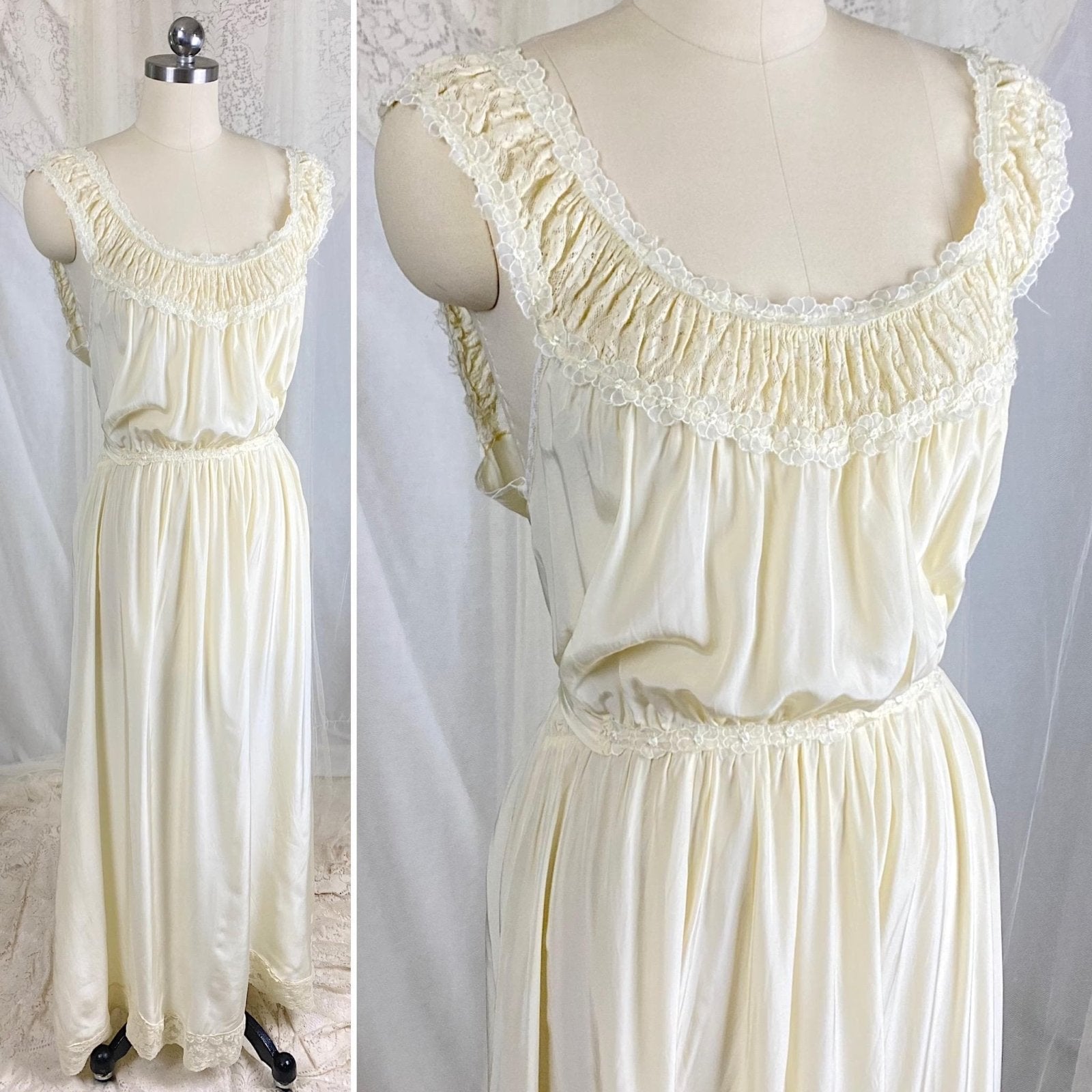 Vintage 1940's Buttercream Rayon Nightgown with Cotton Floral Lace & White Chiffon Appliques by Seamprufe – Size 38 - Daggers & Dames