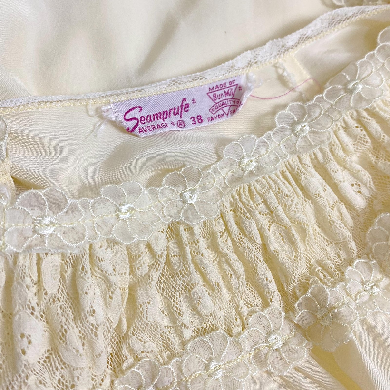 Vintage 1940's Buttercream Rayon Nightgown with Cotton Floral Lace & White Chiffon Appliques by Seamprufe – Size 38 - Daggers & Dames