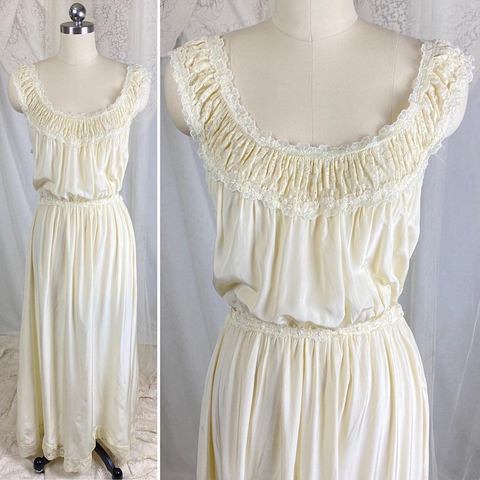 Vintage 1940's Buttercream Rayon Nightgown with Cotton Floral Lace & White Chiffon Appliques by Seamprufe – Size 38 - Daggers & Dames