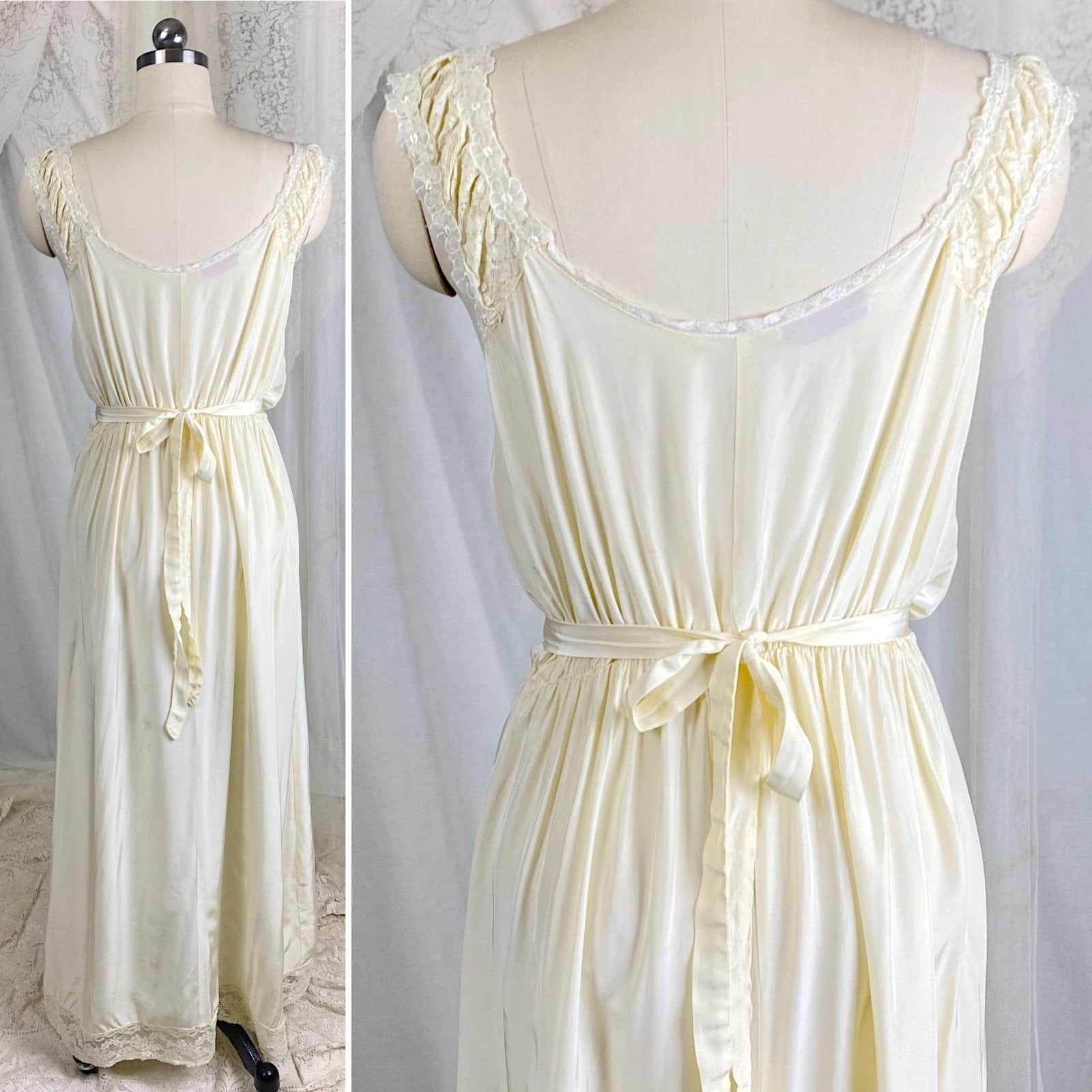 Vintage 1940's Buttercream Rayon Nightgown with Cotton Floral Lace & White Chiffon Appliques by Seamprufe – Size 38 - Daggers & Dames