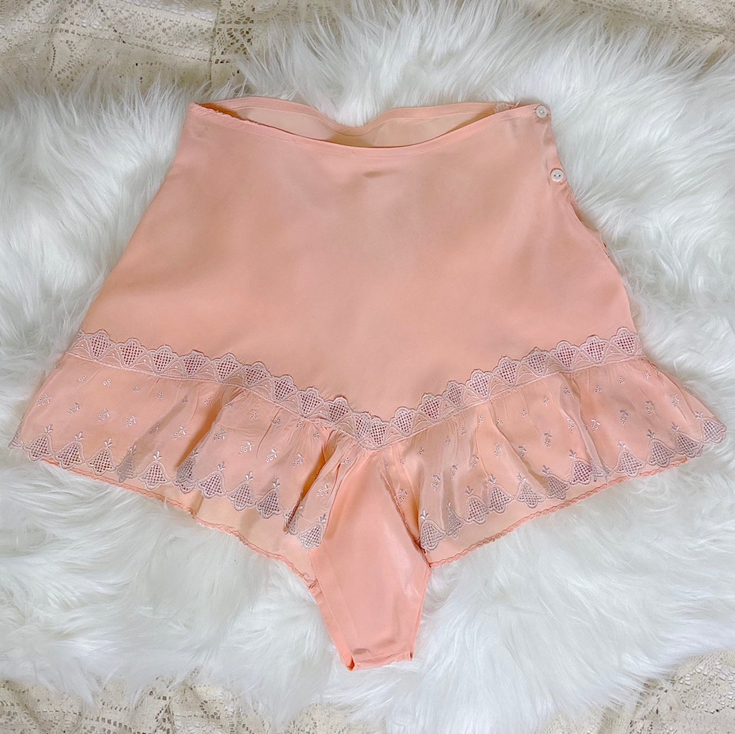 Vintage 1940's Candy Pink Rayon Tap Pants with Silver Bell Embroidery - Size XS - Daggers & Dames