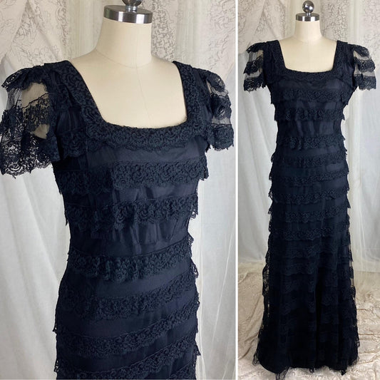 Vintage 1940's Evening Gown - Black Tulle Net with Ruffled Floral Lace & Taffeta Lining - Size S, M - Daggers & Dames