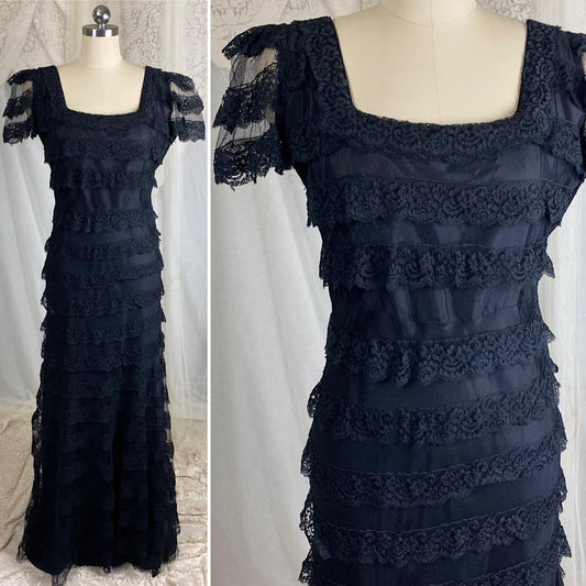 Vintage 1940's Evening Gown - Black Tulle Net with Ruffled Floral Lace & Taffeta Lining - Size S, M - Daggers & Dames