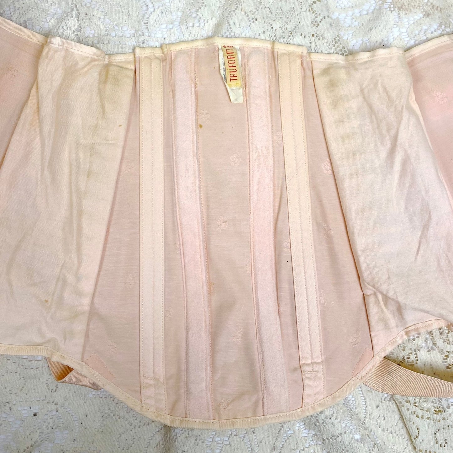 Vintage 1940's Girdle - Candy Pink Rayon Blend with Floral Satin Damask & Double Fan Corset Lacing - Size M - By Truform - Daggers & Dames