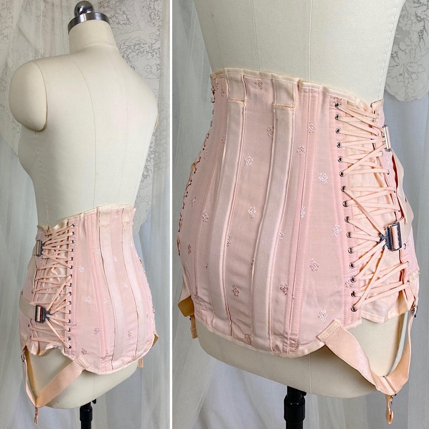 Vintage 1940's Girdle - Candy Pink Rayon Blend with Floral Satin Damask & Double Fan Corset Lacing - Size M - By Truform - Daggers & Dames