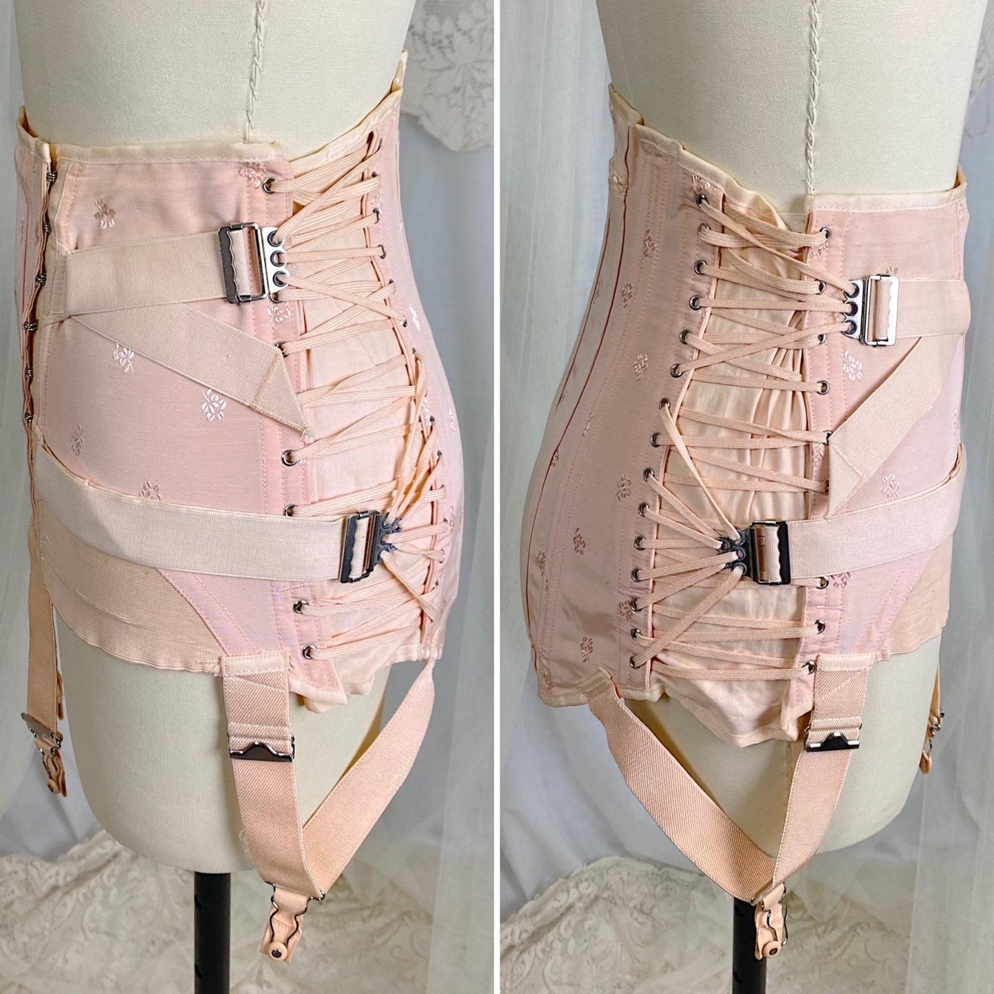 Vintage 1940's Girdle - Candy Pink Rayon Blend with Floral Satin Damask & Double Fan Corset Lacing - Size M - By Truform - Daggers & Dames