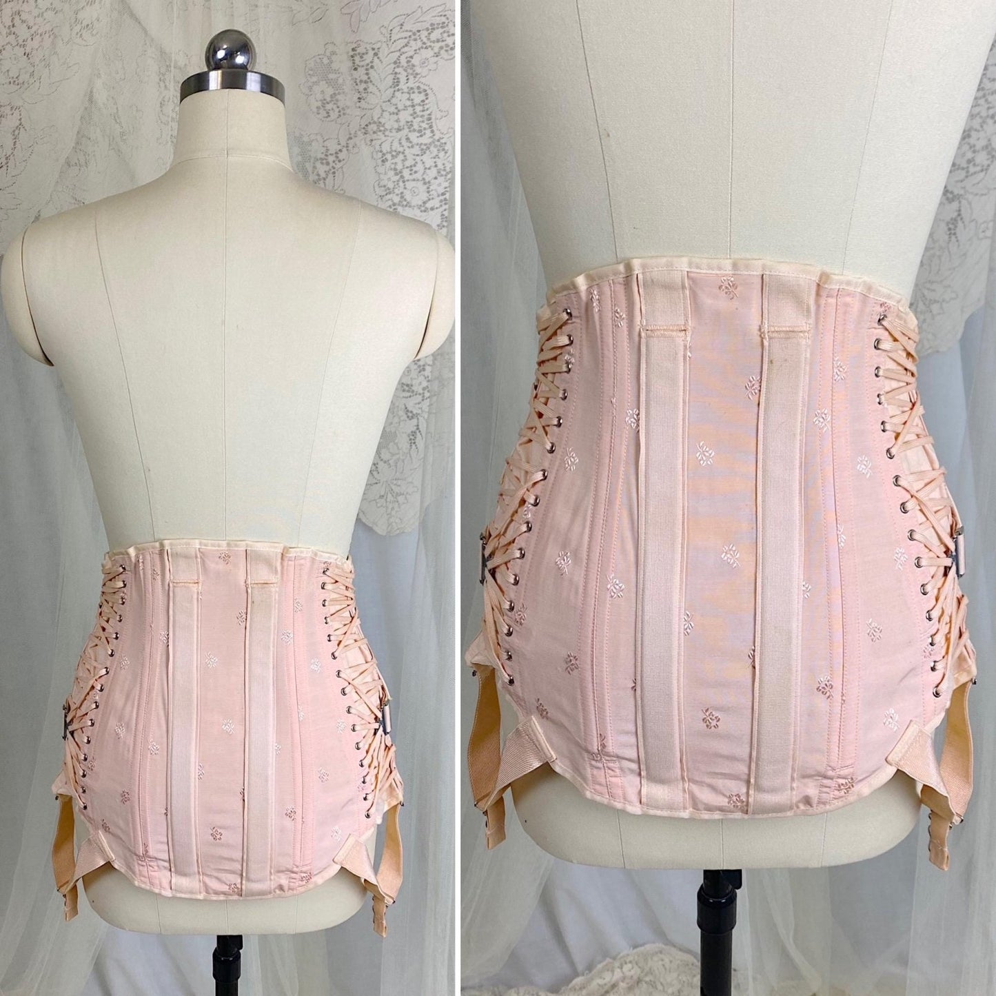 Vintage 1940's Girdle - Candy Pink Rayon Blend with Floral Satin Damask & Double Fan Corset Lacing - Size M - By Truform - Daggers & Dames