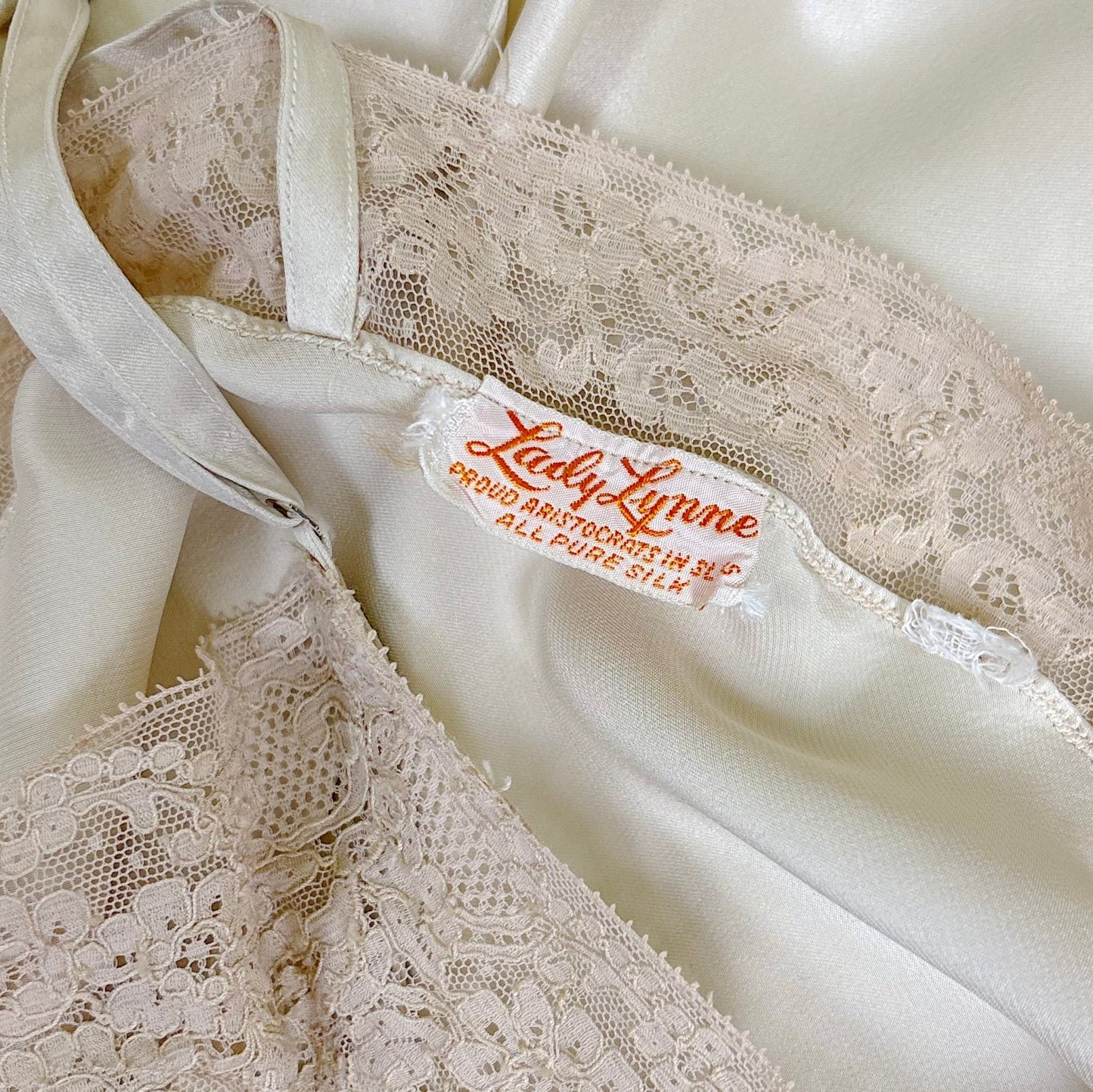 Vintage 1940's Golden Taupe Silk Satin Slip with Cotton Lace by Lady Lynn, Size M, LG - Daggers & Dames