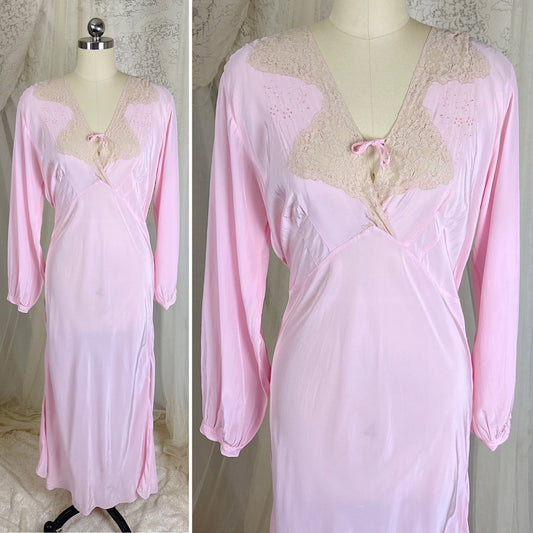 Vintage 1940's Long Sleeved Rich Rose Pink Rayon Crepe Nightgown with Ivory Cotton Lace - Size S, M - Daggers & Dames