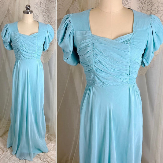 Vintage 1940's Maxi Dress - Robin's Egg Blue Rayon Chiffon with Puffed Sleeves - Size S - Daggers & Dames