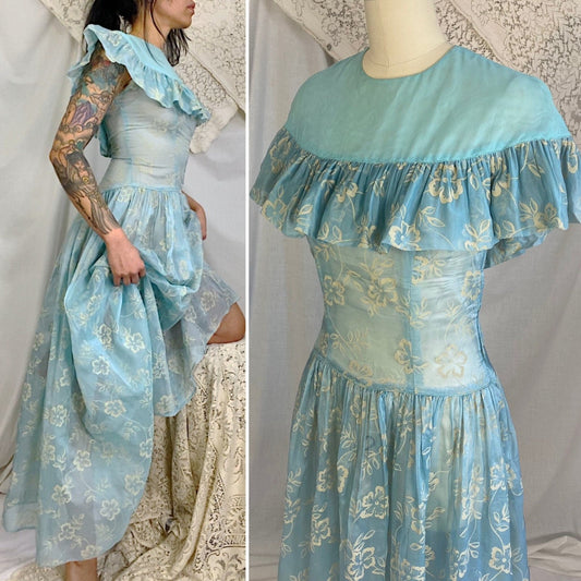 Vintage 1940's Maxi Dress | Sheer Sky Blue Rayon Organza with Fuzzy Cream Floral Pattern & Ruffled Yoke | Size XS - Daggers & Dames