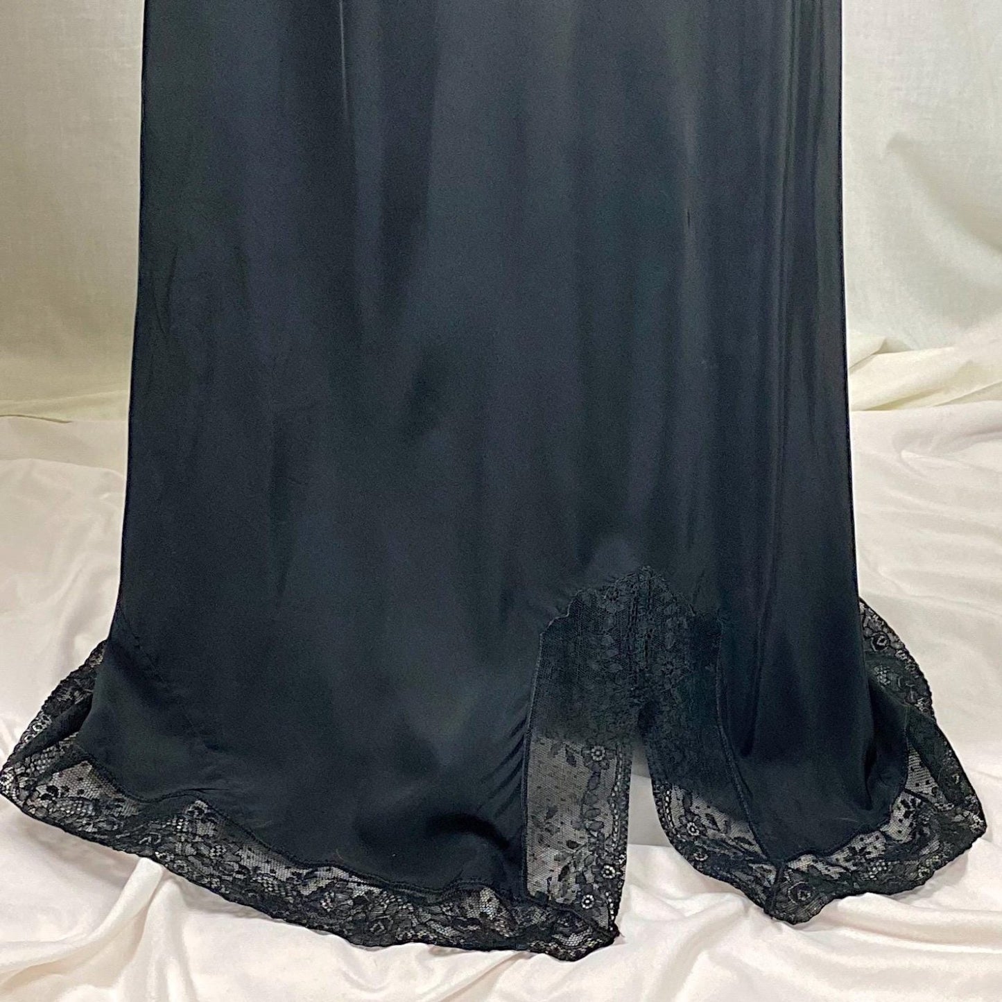 Vintage 1940's Nightgown | Black Rayon with Floral Cotton Lace & Pink Ribbon Keyhole Neckline | Size M - Daggers & Dames