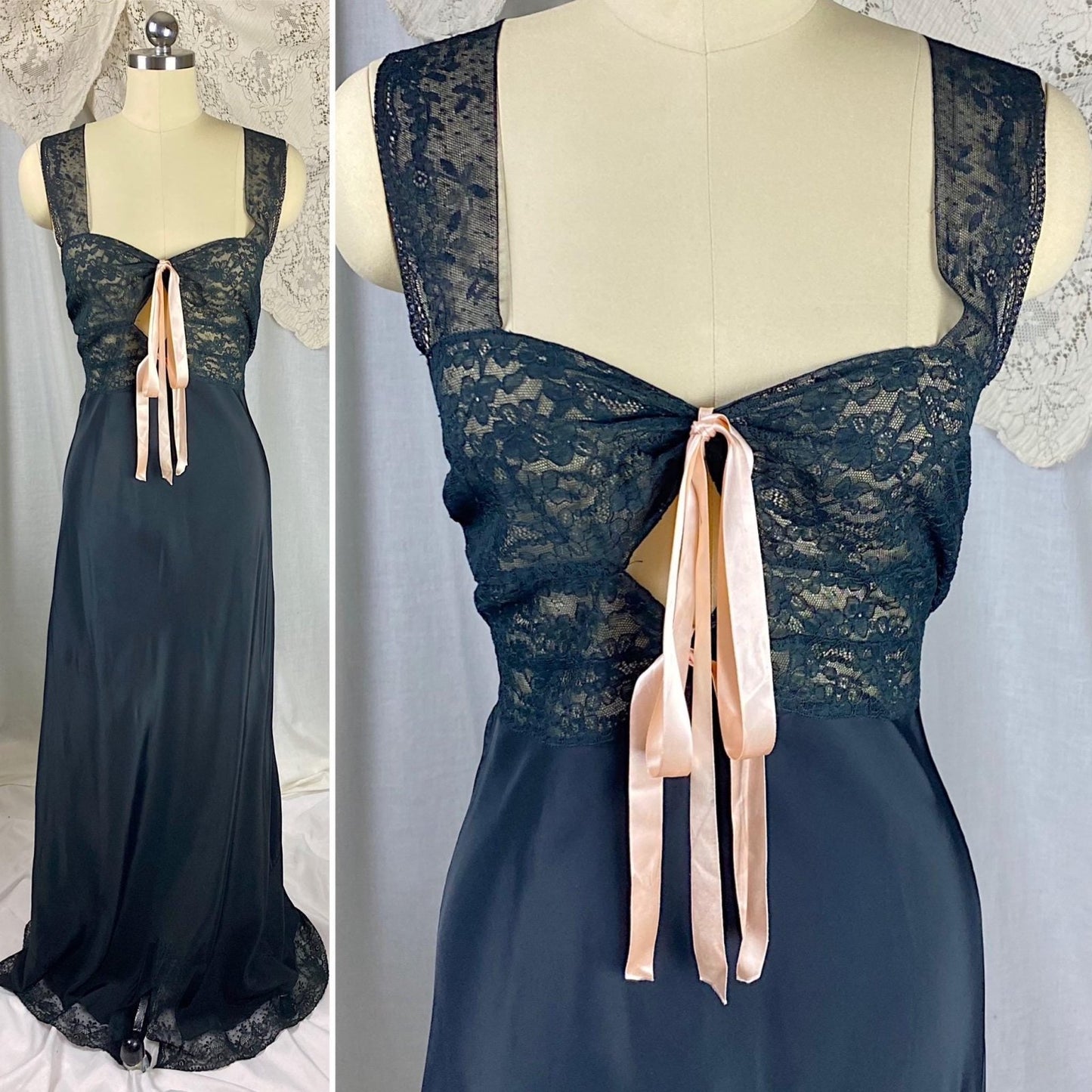 Vintage 1940's Nightgown | Black Rayon with Floral Cotton Lace & Pink Ribbon Keyhole Neckline | Size M - Daggers & Dames