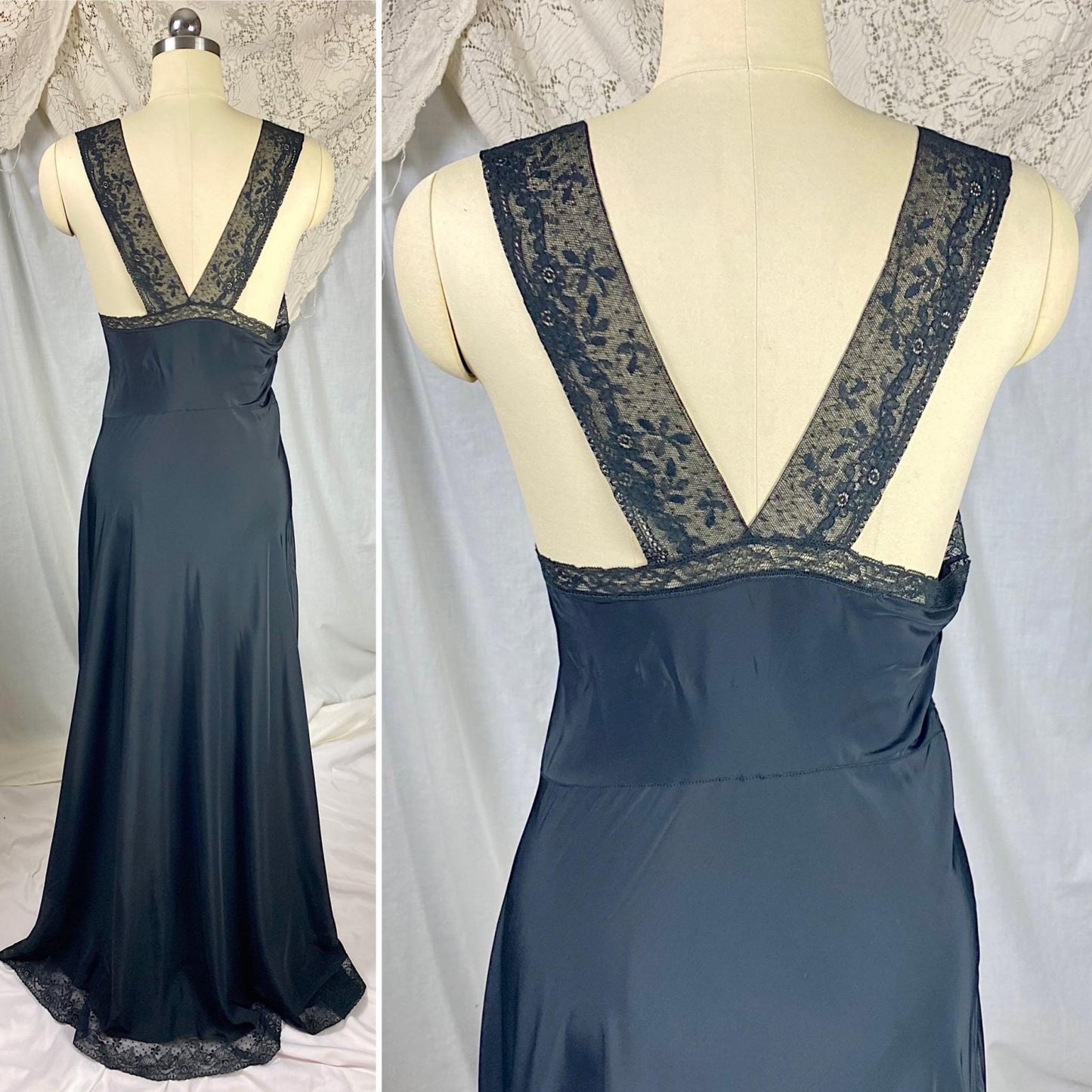 Vintage 1940's Nightgown | Black Rayon with Floral Cotton Lace & Pink Ribbon Keyhole Neckline | Size M - Daggers & Dames