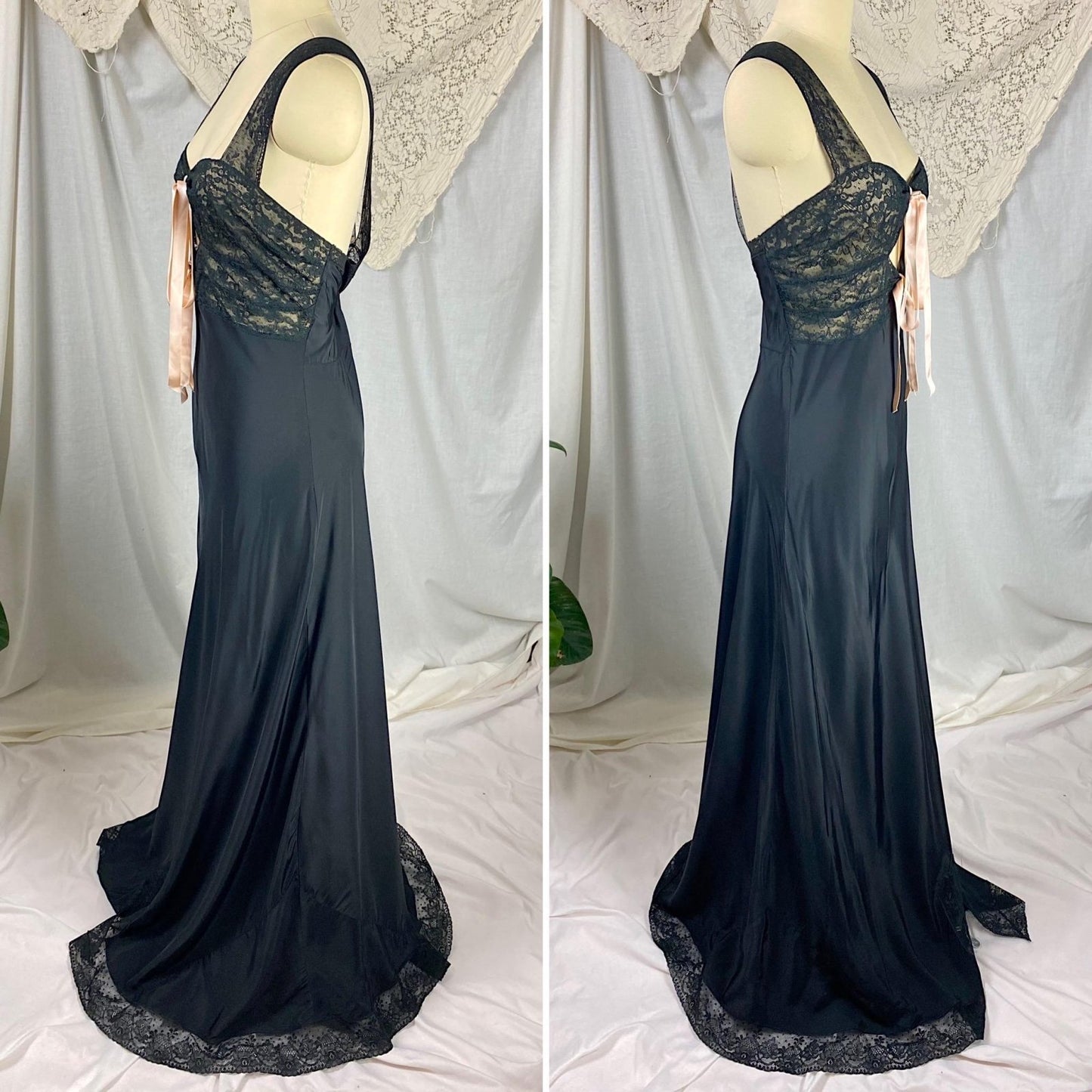 Vintage 1940's Nightgown | Black Rayon with Floral Cotton Lace & Pink Ribbon Keyhole Neckline | Size M - Daggers & Dames