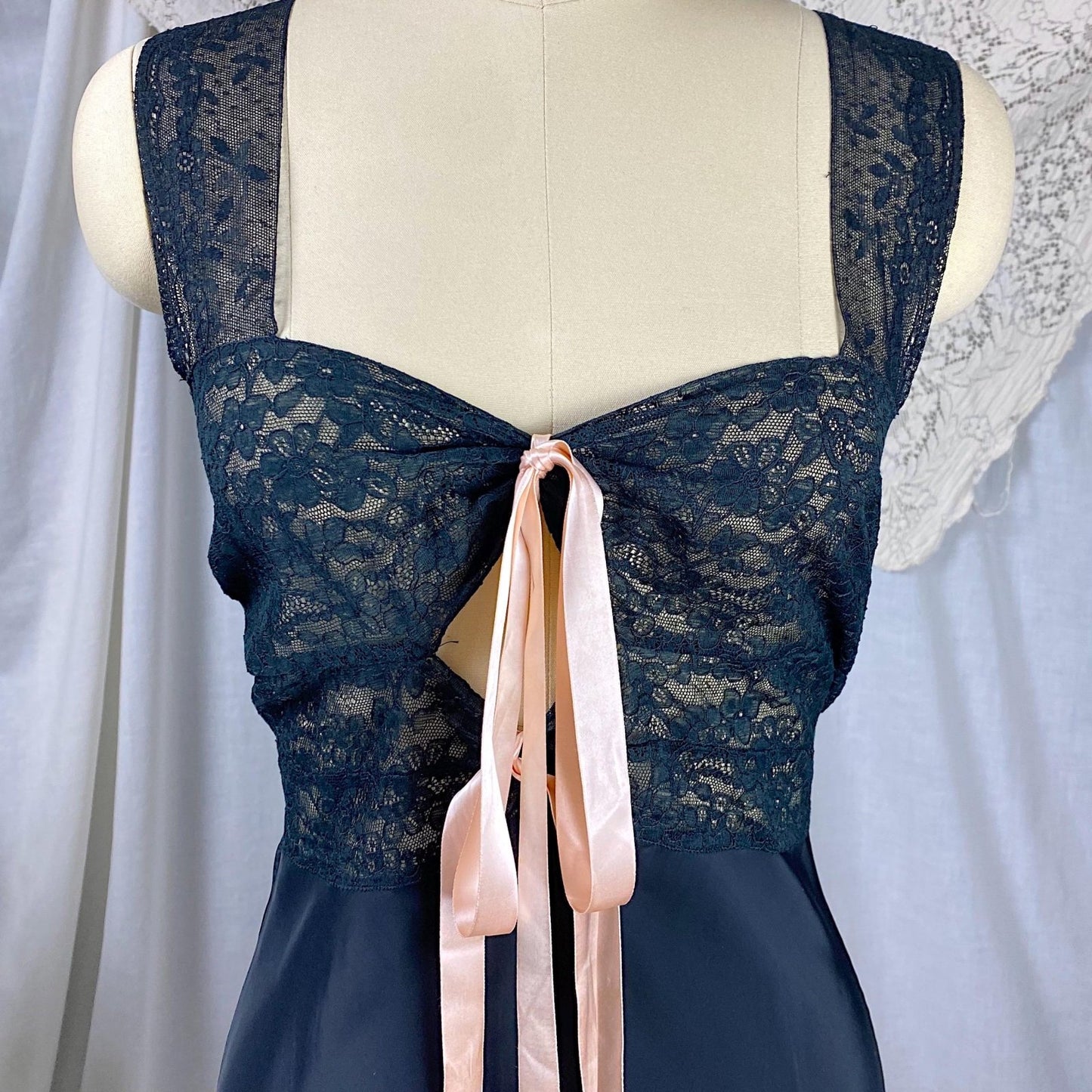 Vintage 1940's Nightgown | Black Rayon with Floral Cotton Lace & Pink Ribbon Keyhole Neckline | Size M - Daggers & Dames