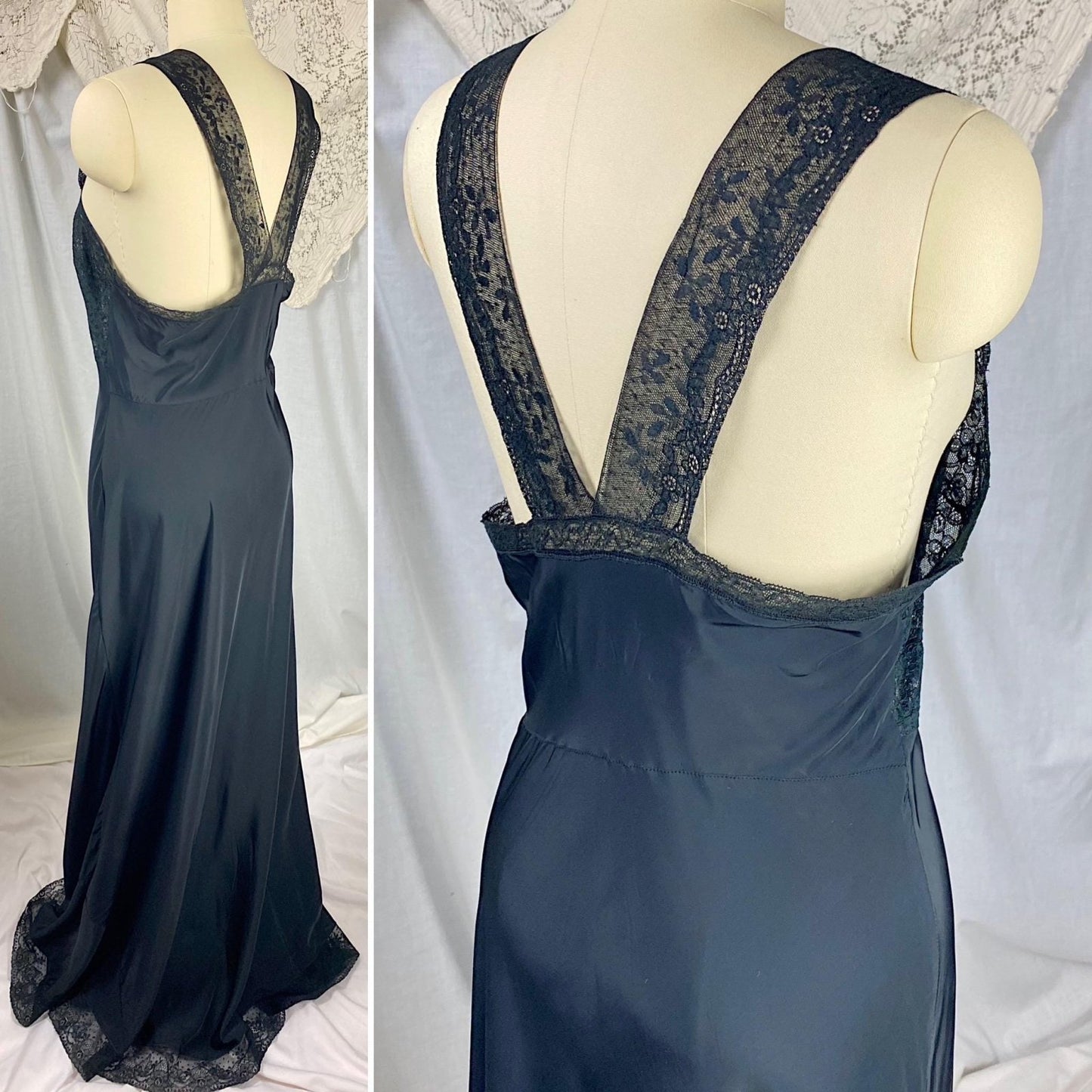 Vintage 1940's Nightgown | Black Rayon with Floral Cotton Lace & Pink Ribbon Keyhole Neckline | Size M - Daggers & Dames