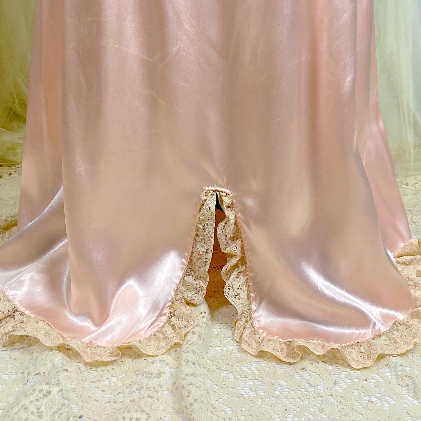 Vintage 1940's Nightgown - Bold Rose Pink Rayon Satin with Nude Floral Cotton Lace & Glass Button Closure - Size M - Daggers & Dames