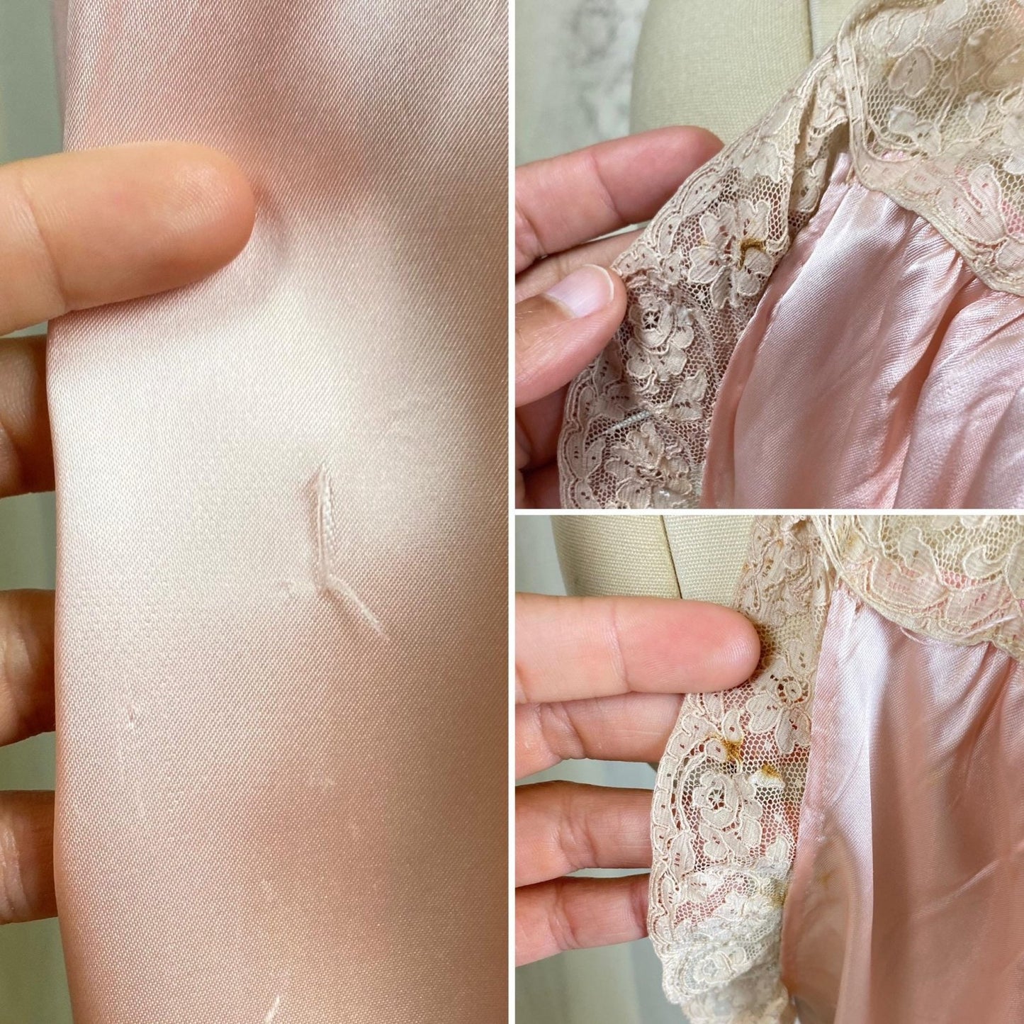 Vintage 1940's Nightgown - Bold Rose Pink Rayon Satin with Nude Floral Cotton Lace & Glass Button Closure - Size M - Daggers & Dames