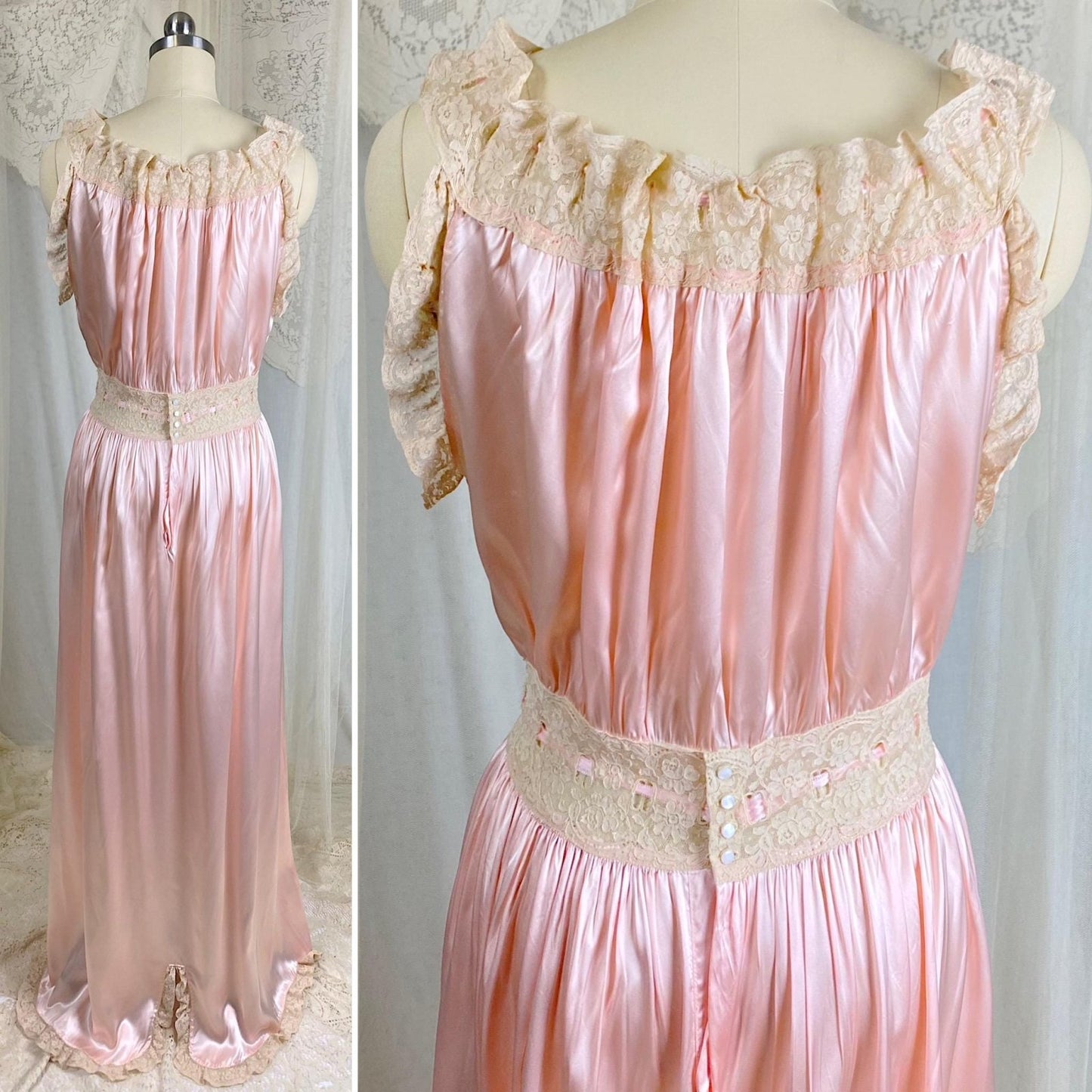 Vintage 1940's Nightgown - Bold Rose Pink Rayon Satin with Nude Floral Cotton Lace & Glass Button Closure - Size M - Daggers & Dames