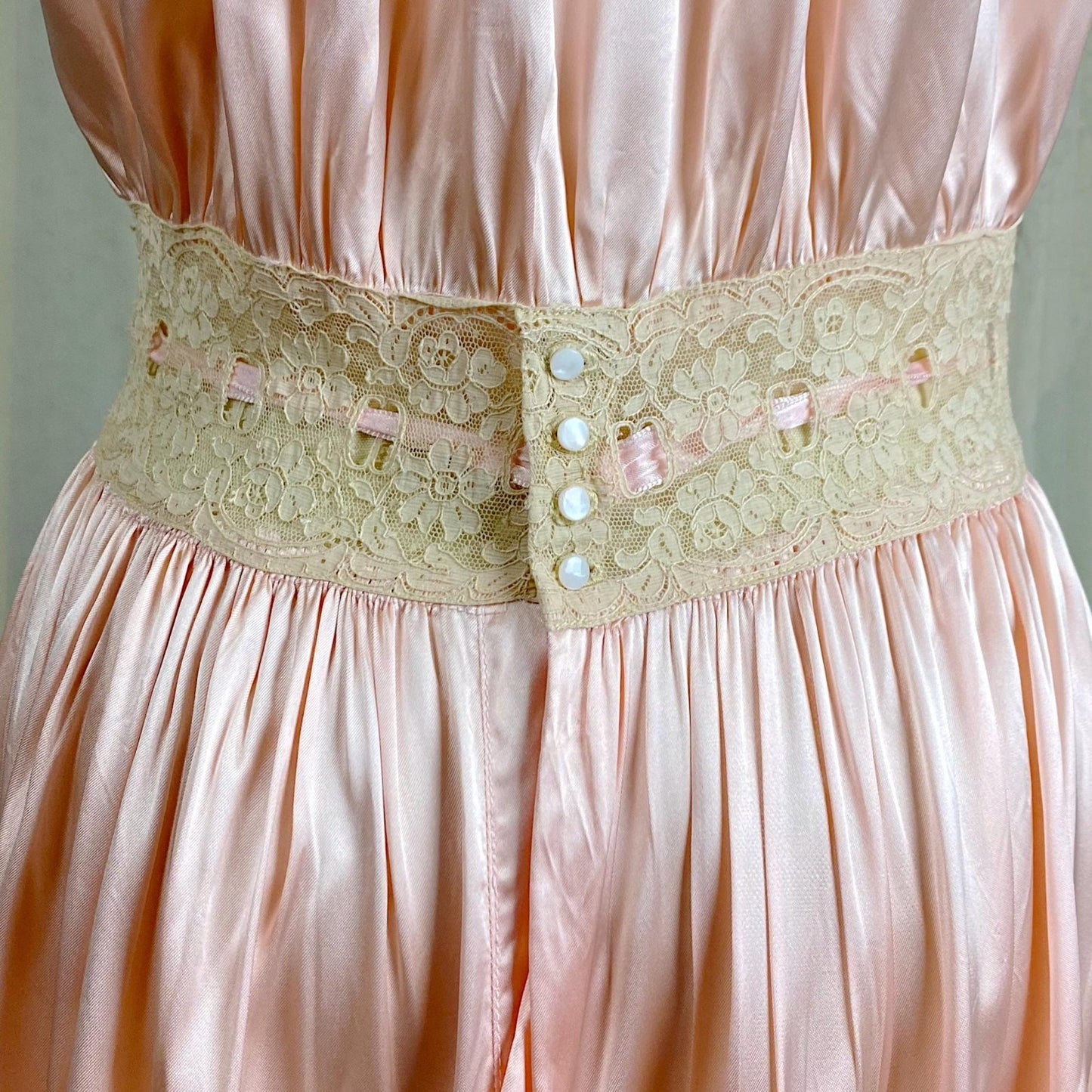Vintage 1940's Nightgown - Bold Rose Pink Rayon Satin with Nude Floral Cotton Lace & Glass Button Closure - Size M - Daggers & Dames