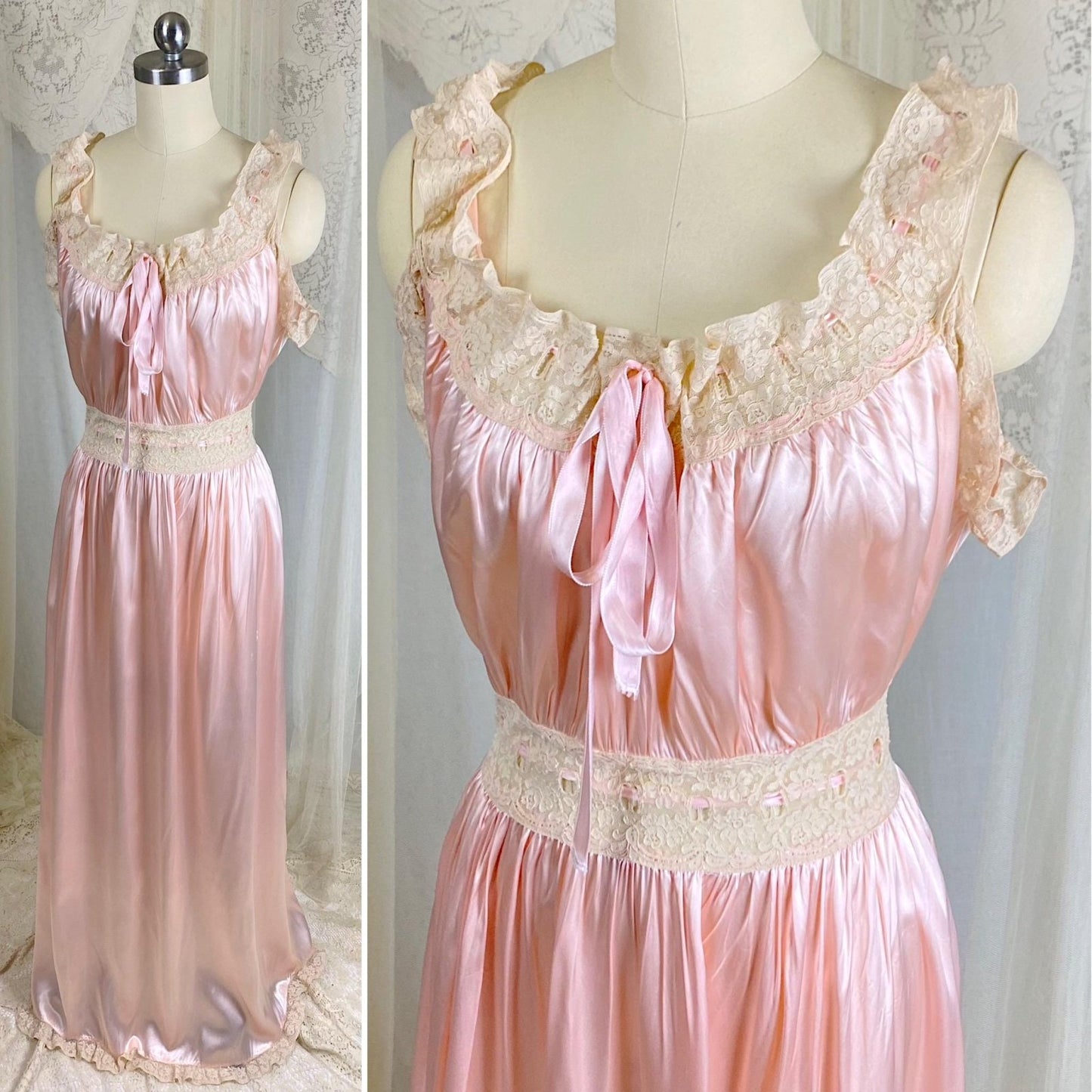 Vintage 1940's Nightgown - Bold Rose Pink Rayon Satin with Nude Floral Cotton Lace & Glass Button Closure - Size M - Daggers & Dames
