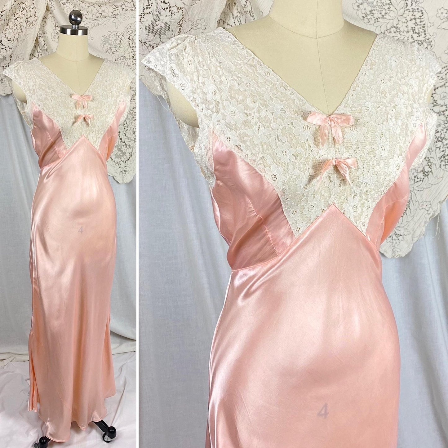 Vintage 1940's Nightgown | Bold Rose Pink Rayon Satin with White Cotton Lace & Open Back | Size S, M - Daggers & Dames