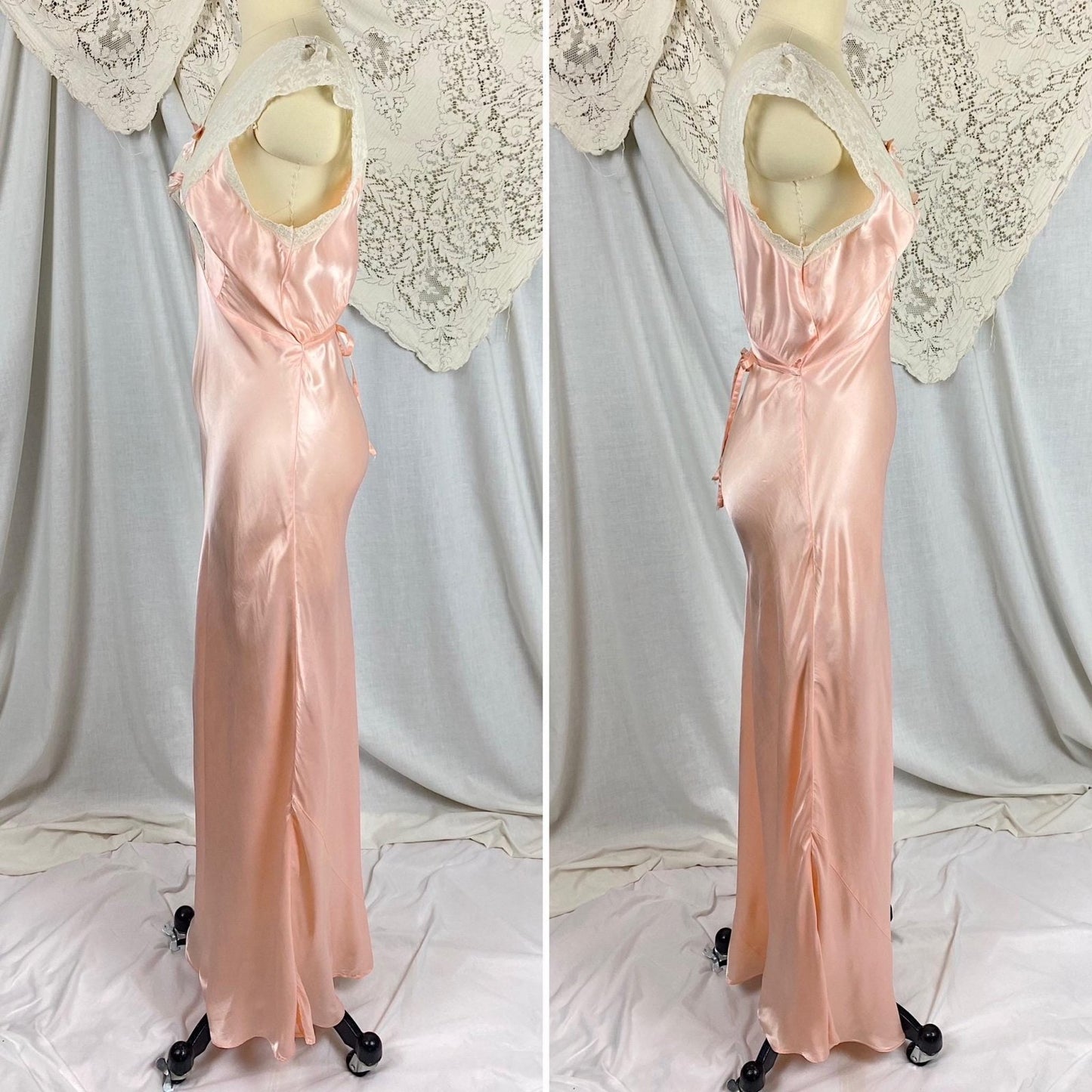 Vintage 1940's Nightgown | Bold Rose Pink Rayon Satin with White Cotton Lace & Open Back | Size S, M - Daggers & Dames