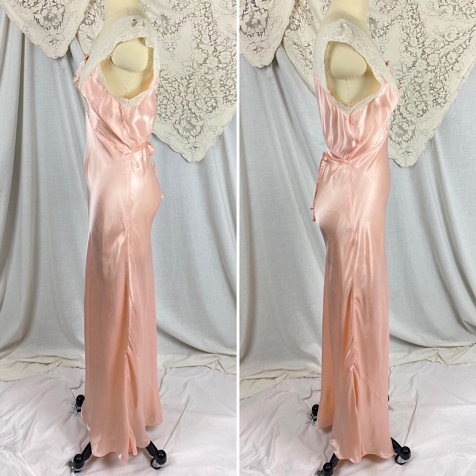 Vintage 1940's Nightgown | Bold Rose Pink Rayon Satin with White Cotton Lace & Open Back | Size S, M - Daggers & Dames