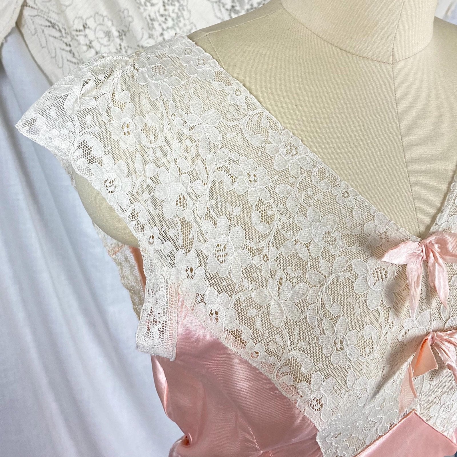Vintage 1940's Nightgown | Bold Rose Pink Rayon Satin with White Cotton Lace & Open Back | Size S, M - Daggers & Dames