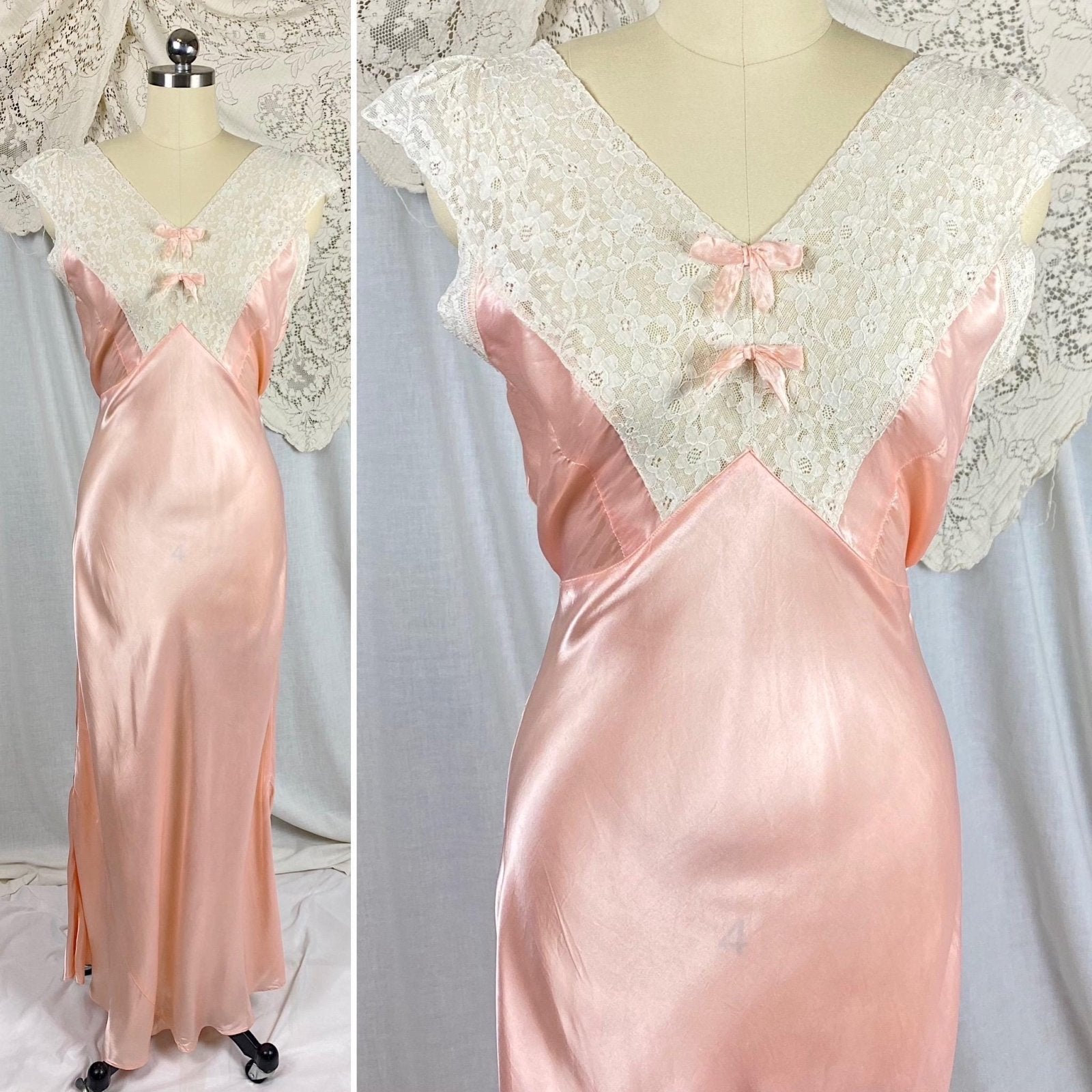 Vintage 1940's Nightgown | Bold Rose Pink Rayon Satin with White Cotton Lace & Open Back | Size S, M - Daggers & Dames