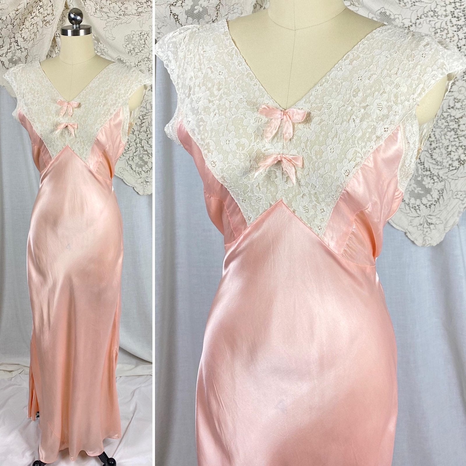 Vintage 1940's Nightgown | Bold Rose Pink Rayon Satin with White Cotton Lace & Open Back | Size S, M - Daggers & Dames