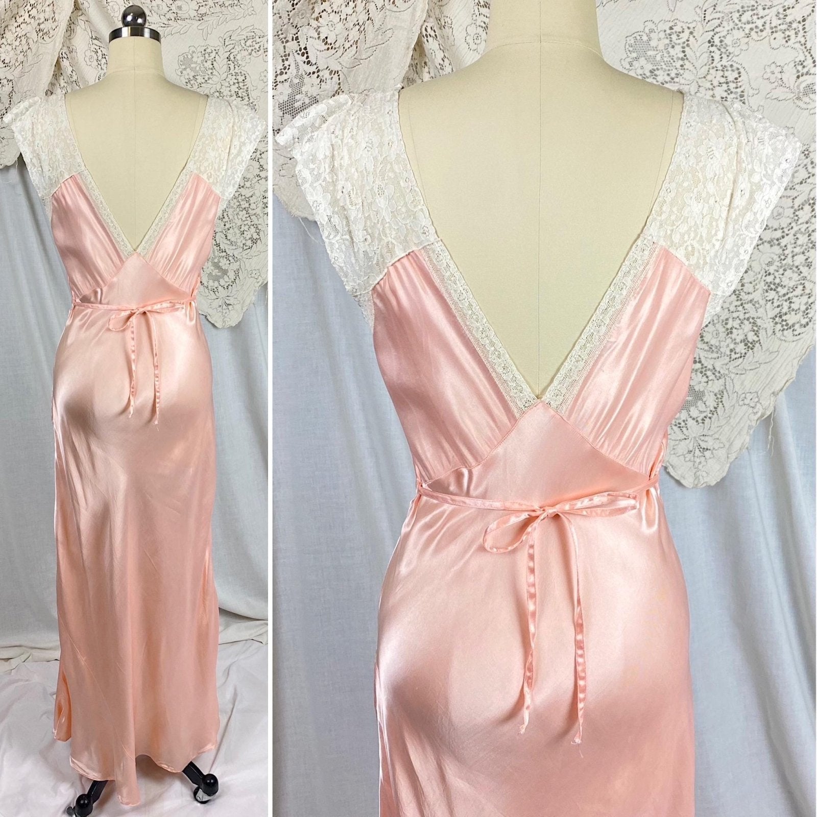Vintage 1940's Nightgown | Bold Rose Pink Rayon Satin with White Cotton Lace & Open Back | Size S, M - Daggers & Dames