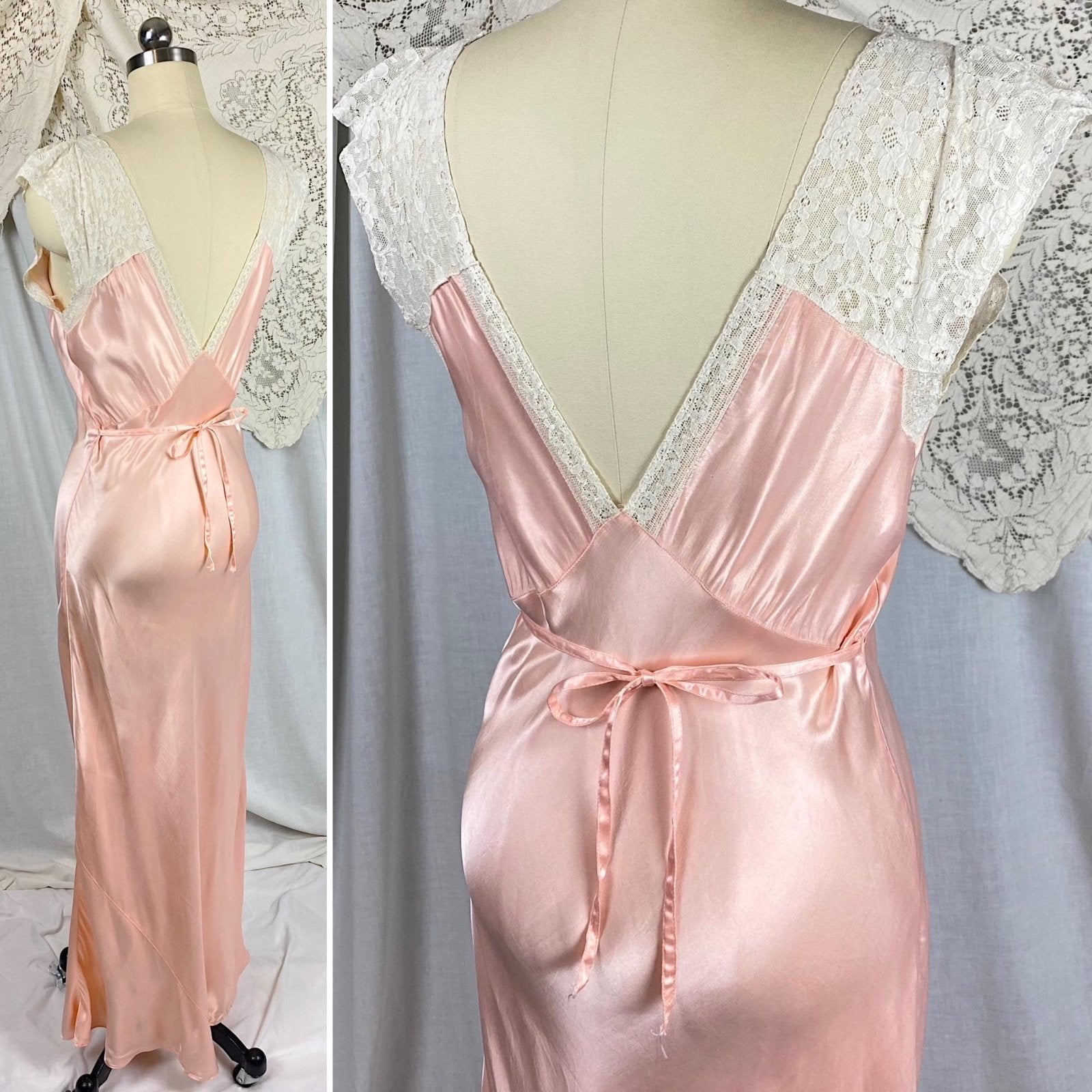 Vintage 1940's Nightgown | Bold Rose Pink Rayon Satin with White Cotton Lace & Open Back | Size S, M - Daggers & Dames