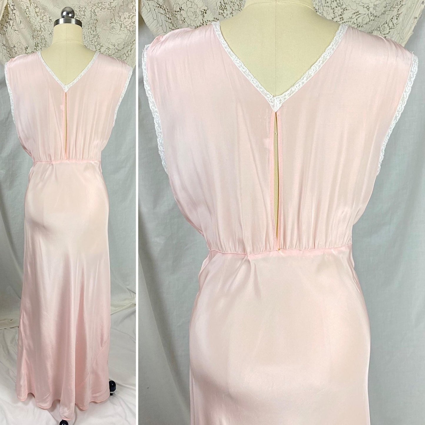 Vintage 1940's Nightgown | Bubblegum Pink Rayon with Gathered Bodice & Woven Blue Ribbon | Size S, M - Daggers & Dames