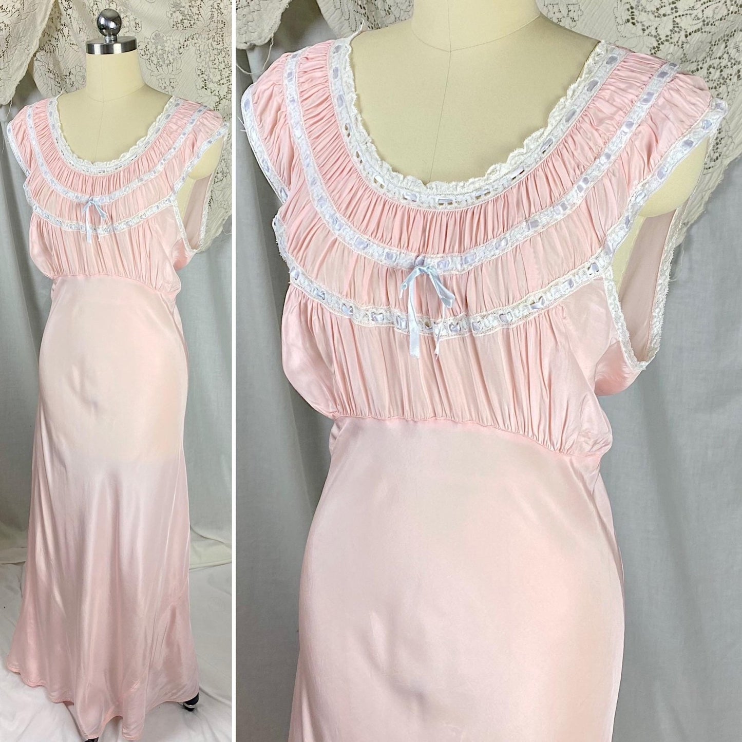 Vintage 1940's Nightgown | Bubblegum Pink Rayon with Gathered Bodice & Woven Blue Ribbon | Size S, M - Daggers & Dames