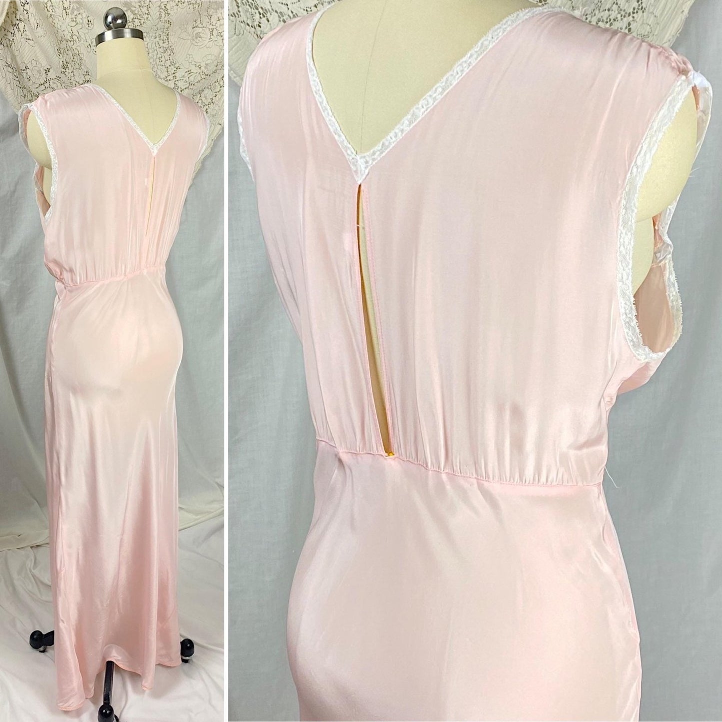 Vintage 1940's Nightgown | Bubblegum Pink Rayon with Gathered Bodice & Woven Blue Ribbon | Size S, M - Daggers & Dames