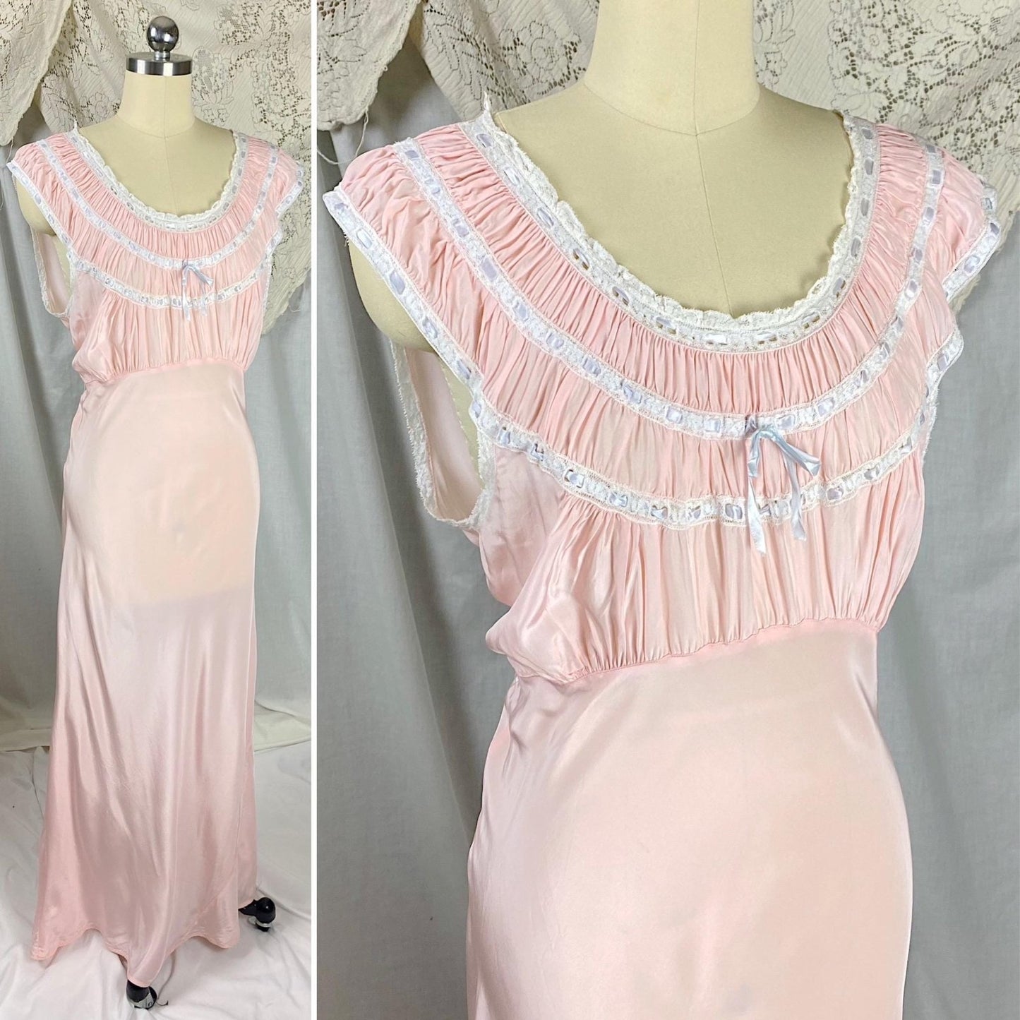 Vintage 1940's Nightgown | Bubblegum Pink Rayon with Gathered Bodice & Woven Blue Ribbon | Size S, M - Daggers & Dames