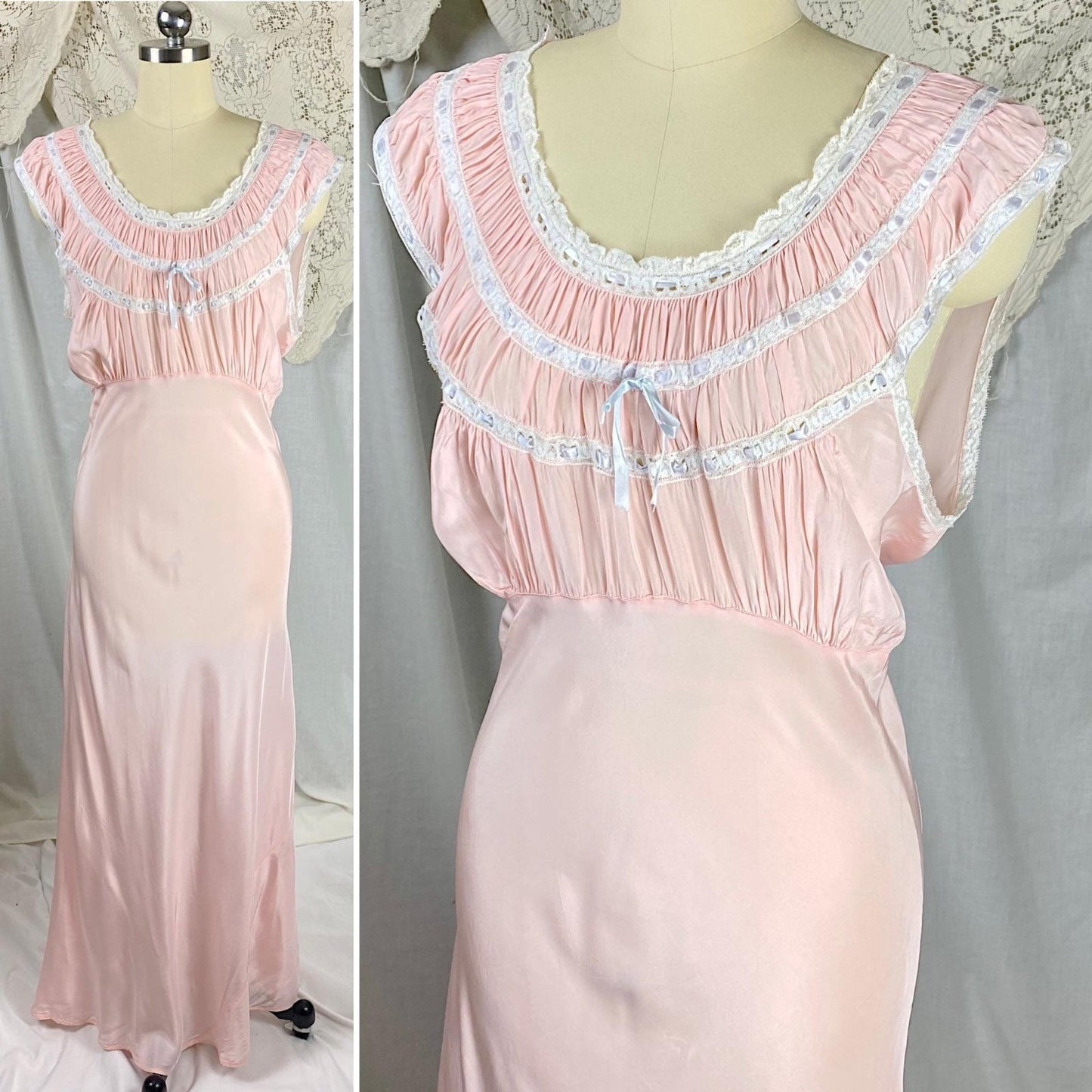 Vintage 1940's Nightgown | Bubblegum Pink Rayon with Gathered Bodice & Woven Blue Ribbon | Size S, M - Daggers & Dames