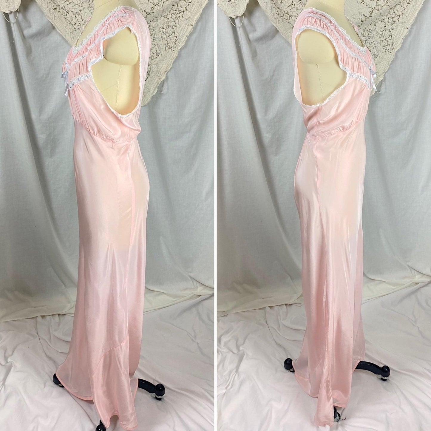 Vintage 1940's Nightgown | Bubblegum Pink Rayon with Gathered Bodice & Woven Blue Ribbon | Size S, M - Daggers & Dames